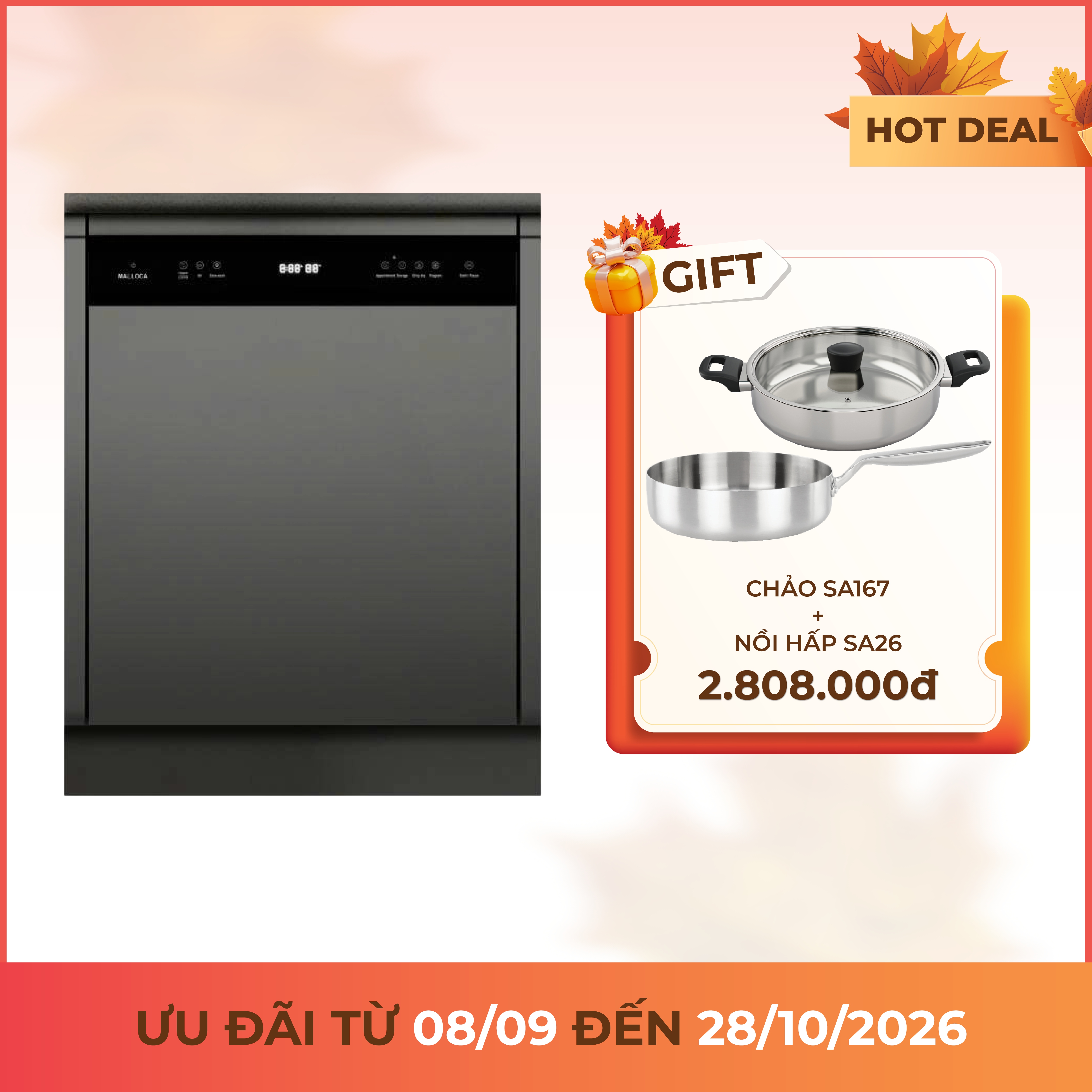 Máy Rửa Chén bán âm tủ 60 cm 15 Bộ chén dĩa sấy khí nóng tuần hoàn