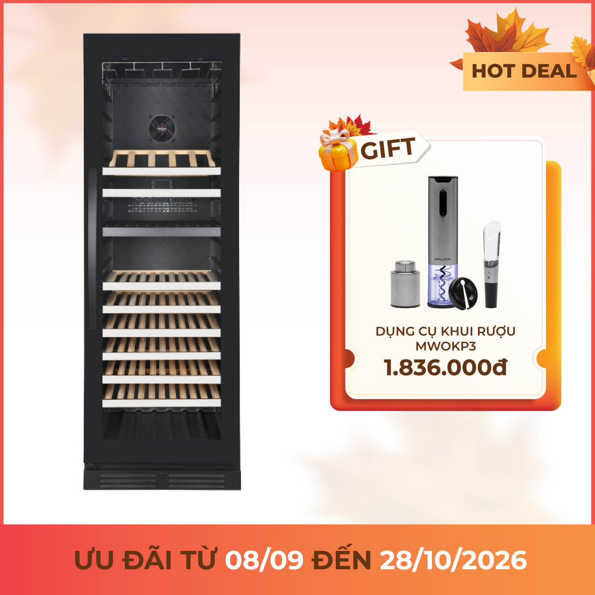 Tủ rượu độc lập âm tủ 2 vùng nhiệt độ 60 cm 379L