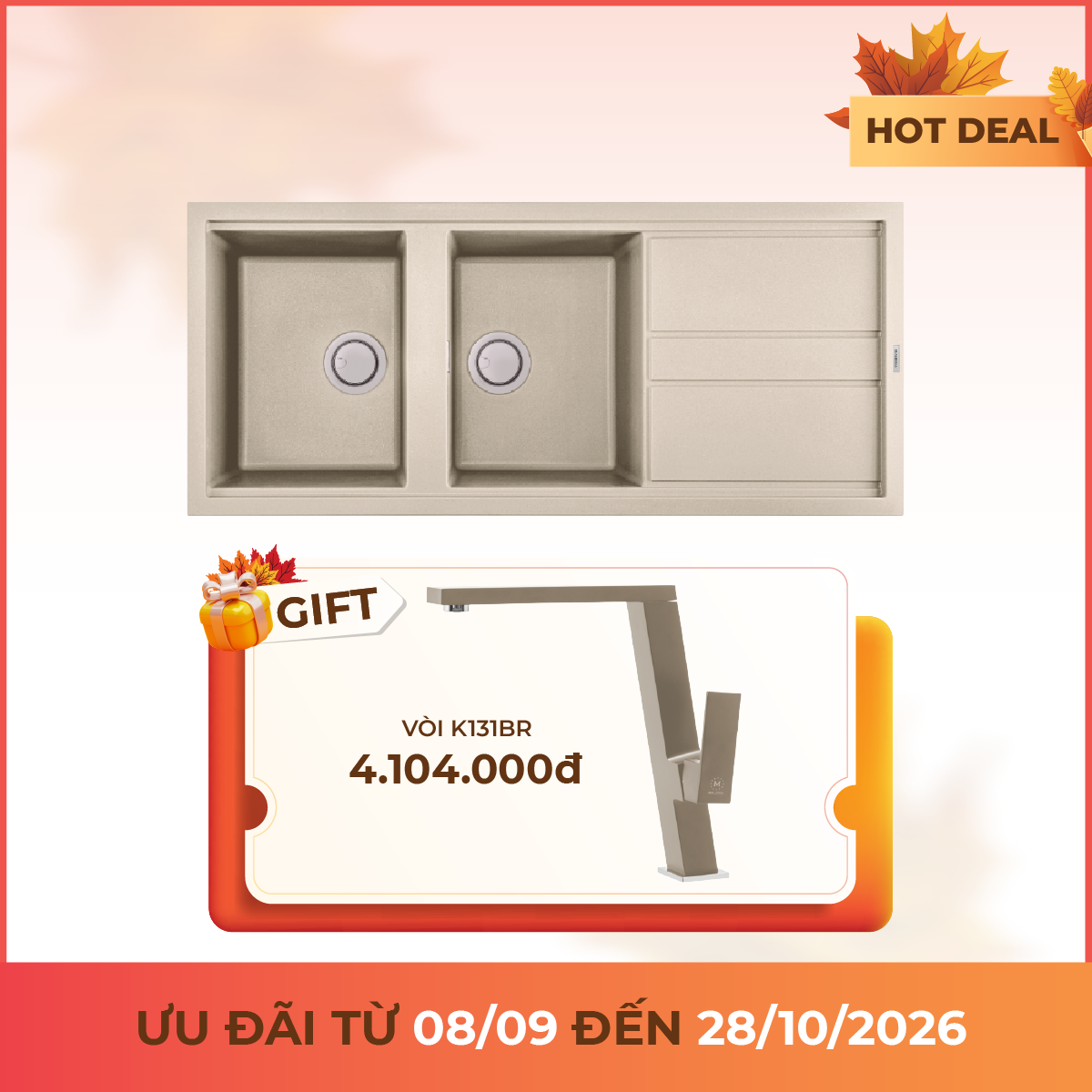 Chậu rửa chén đá Granite 2 hố kích thước 116 cm