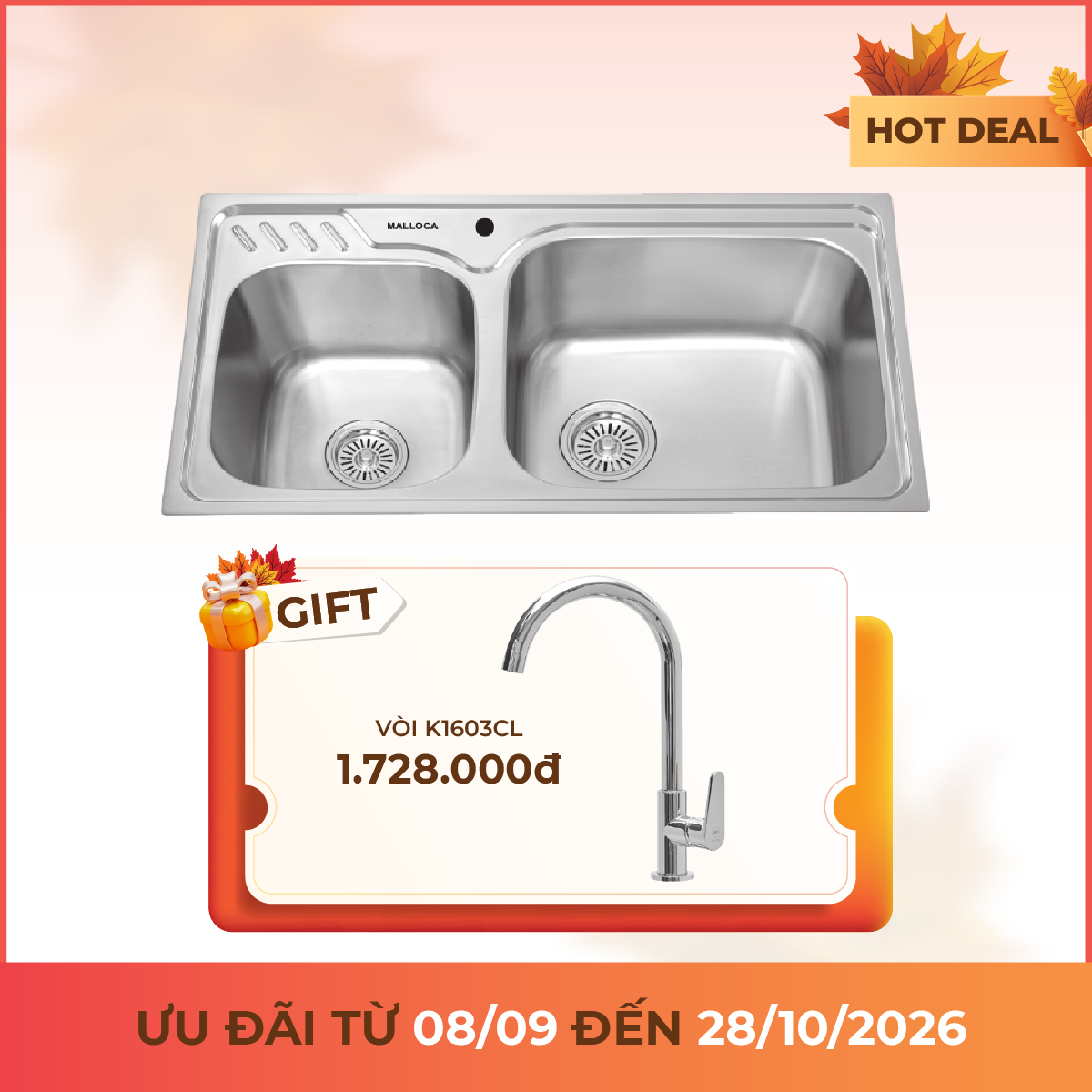 Chậu rửa chén 2 hố Inox 304 kích thước 80 cm
