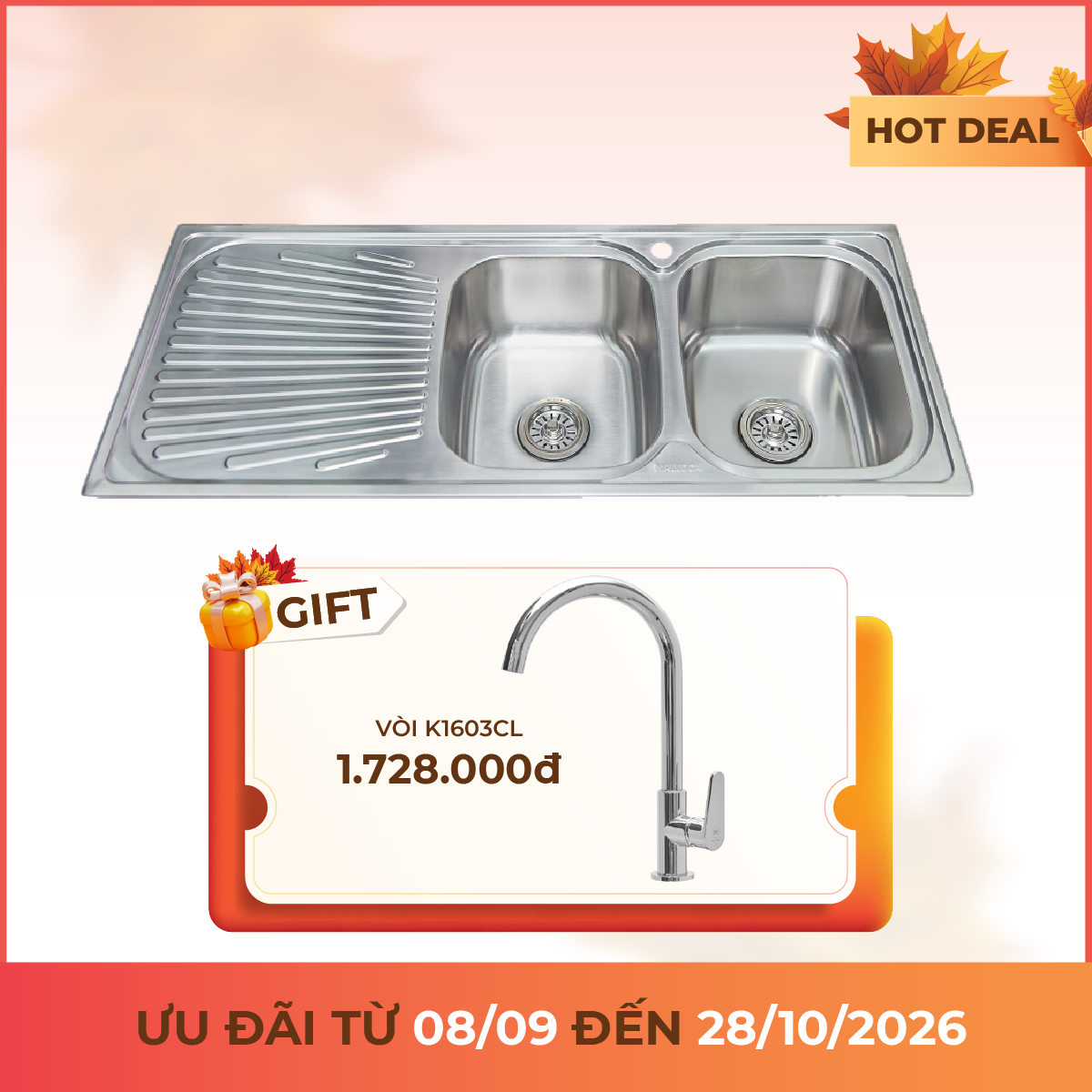 Chậu rửa chén 2 hố inox 304 kích thước 118 cm