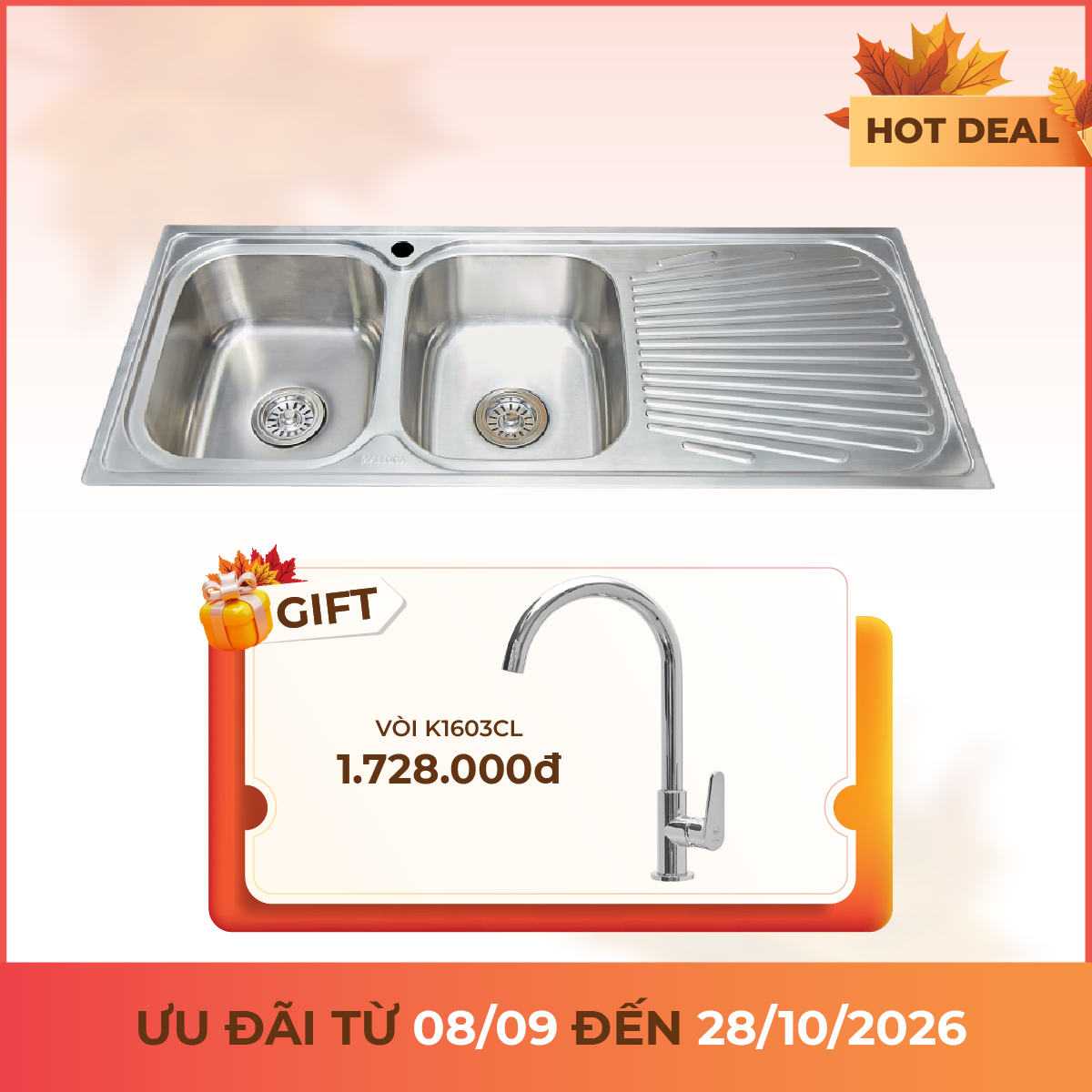 Chậu rửa chén 2 hố inox 304 kích thước 118 cm