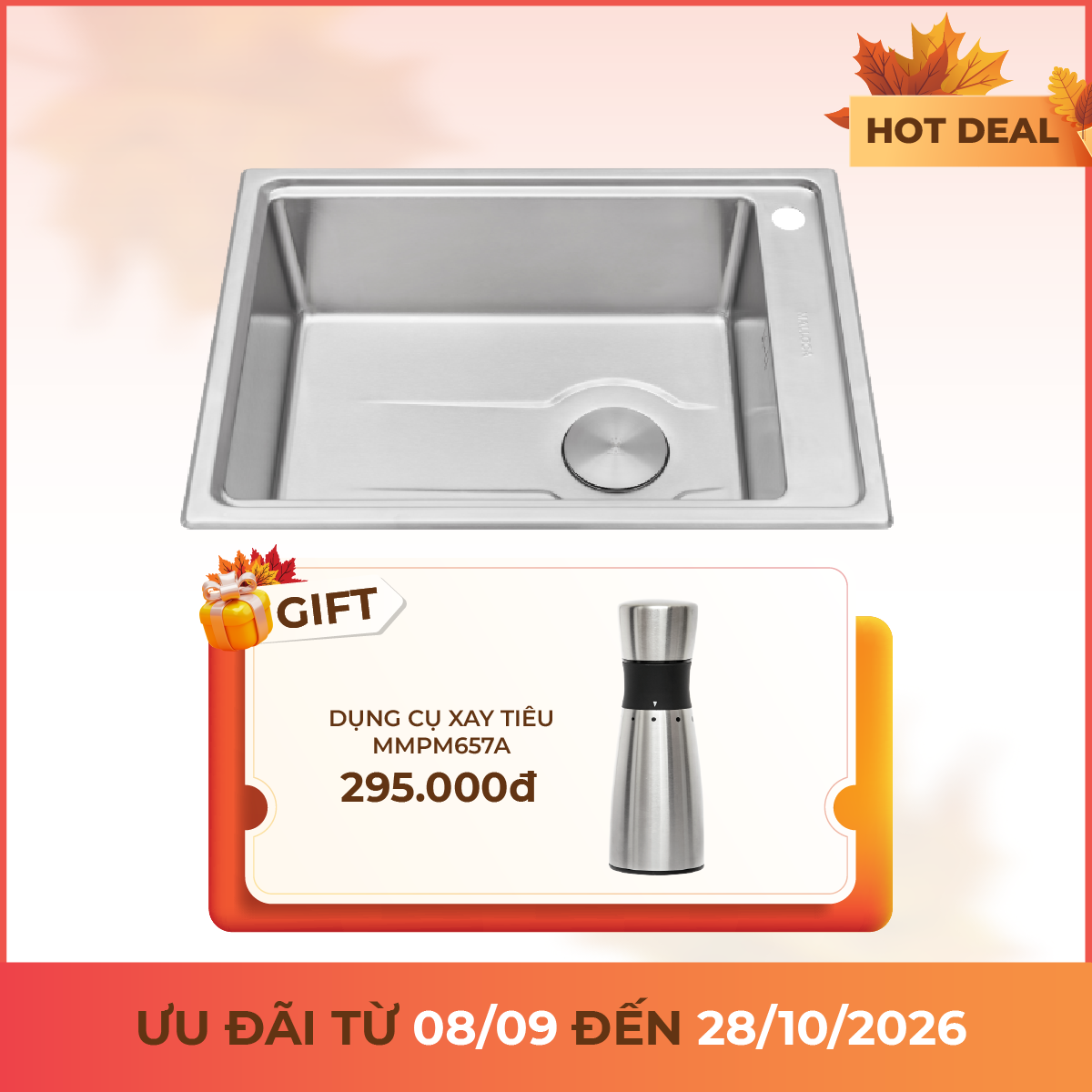 Chậu rửa chén 1 hố Inox 304 kích thước 66 cm - lắp âm hoặc lắp nổi