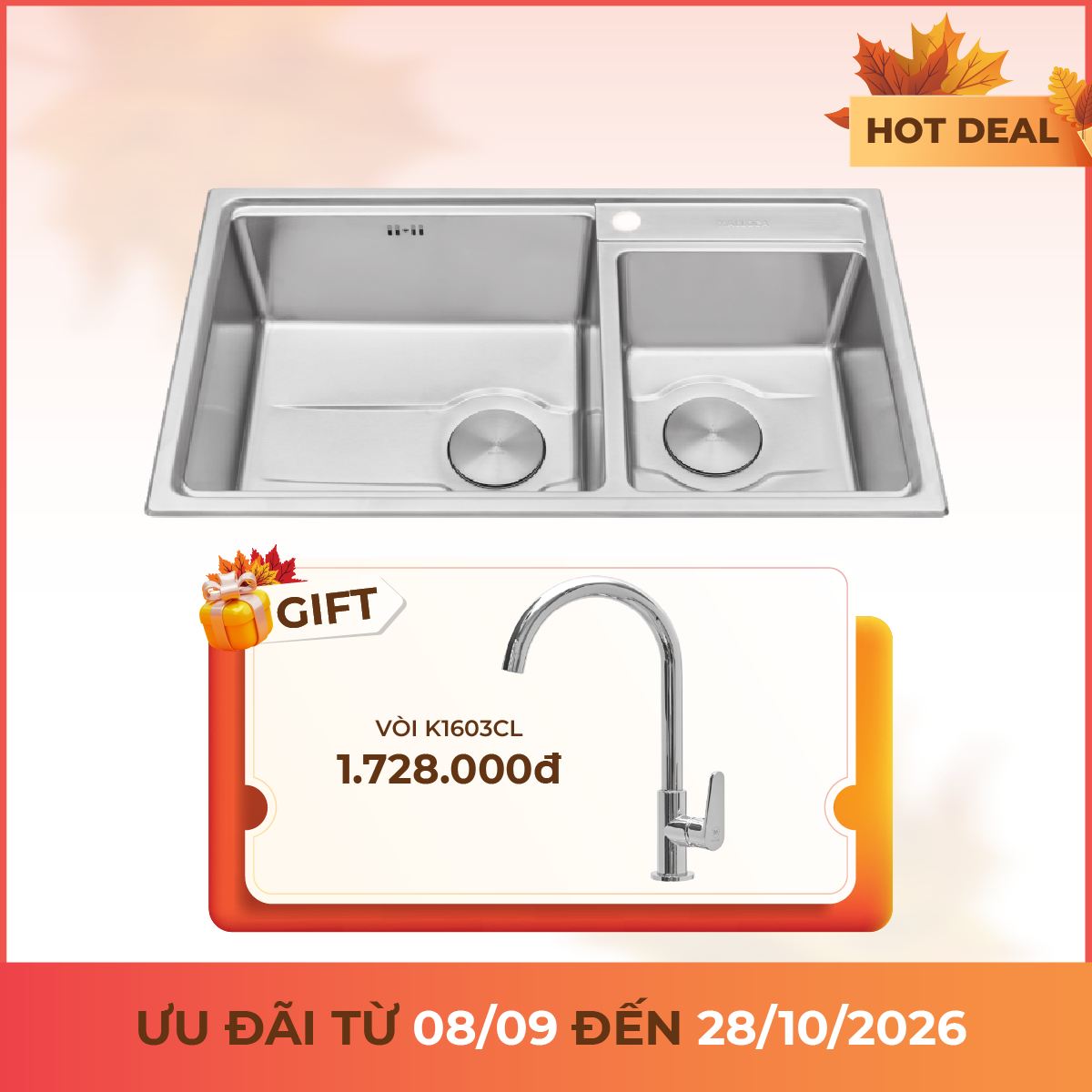 Chậu rửa chén 2 hố Inox 304 kích thước 82 cm
