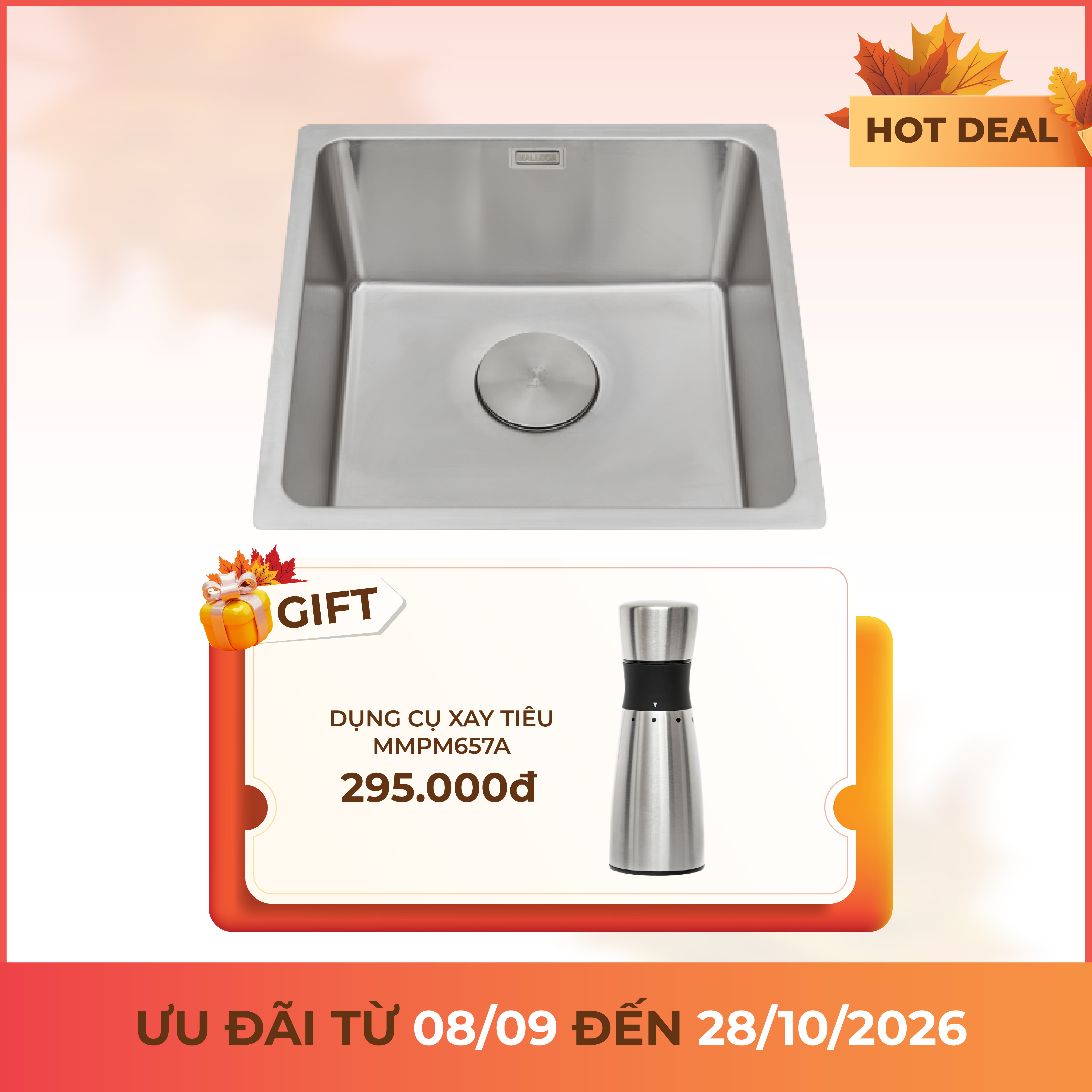 Chậu rửa chén 1 hố Inox 304 kích thước 44 cm - lắp âm hoặc lắp nổi