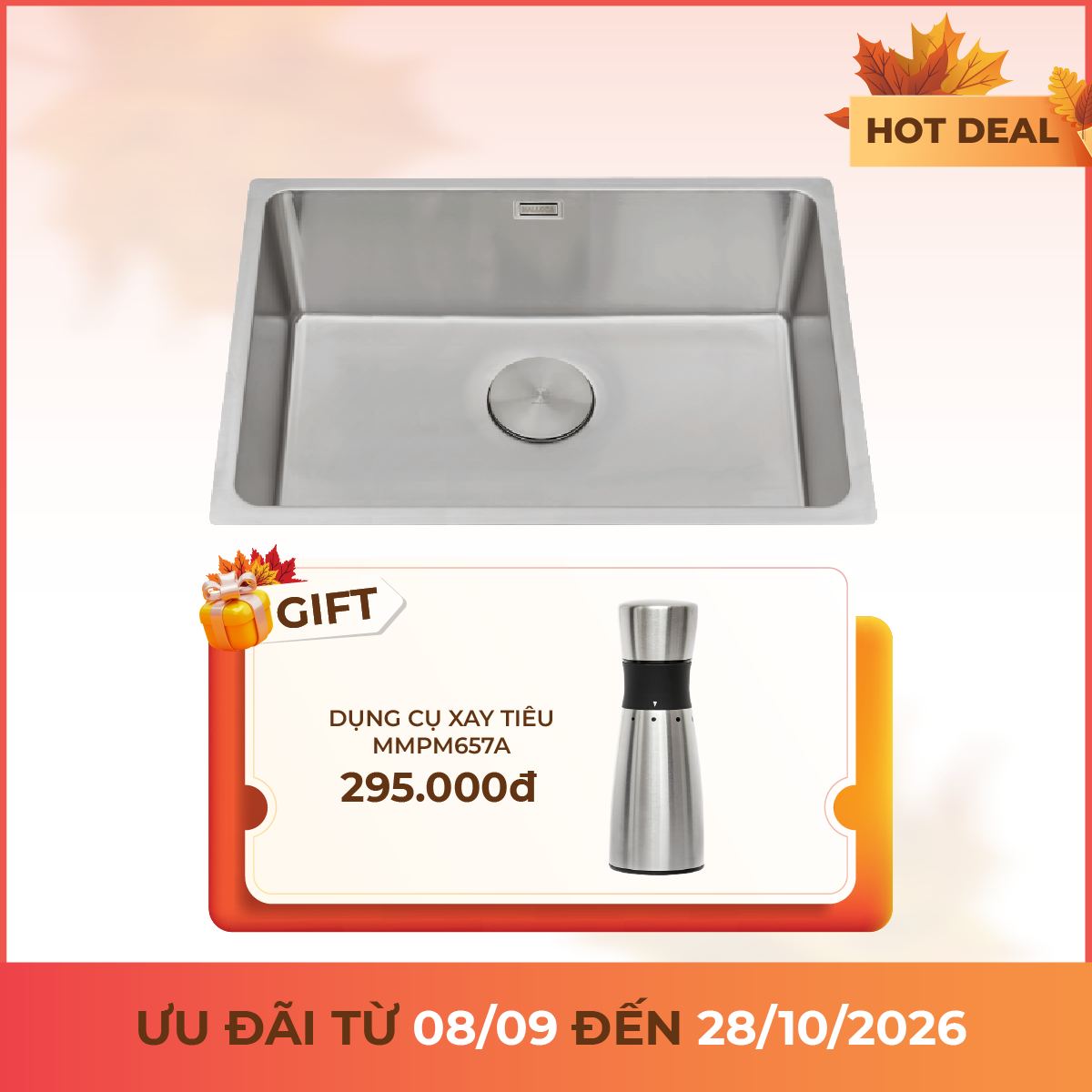 Chậu rửa chén 1 hố Inox 304 kích thước 70 cm – lắp âm hoặc lắp nổi