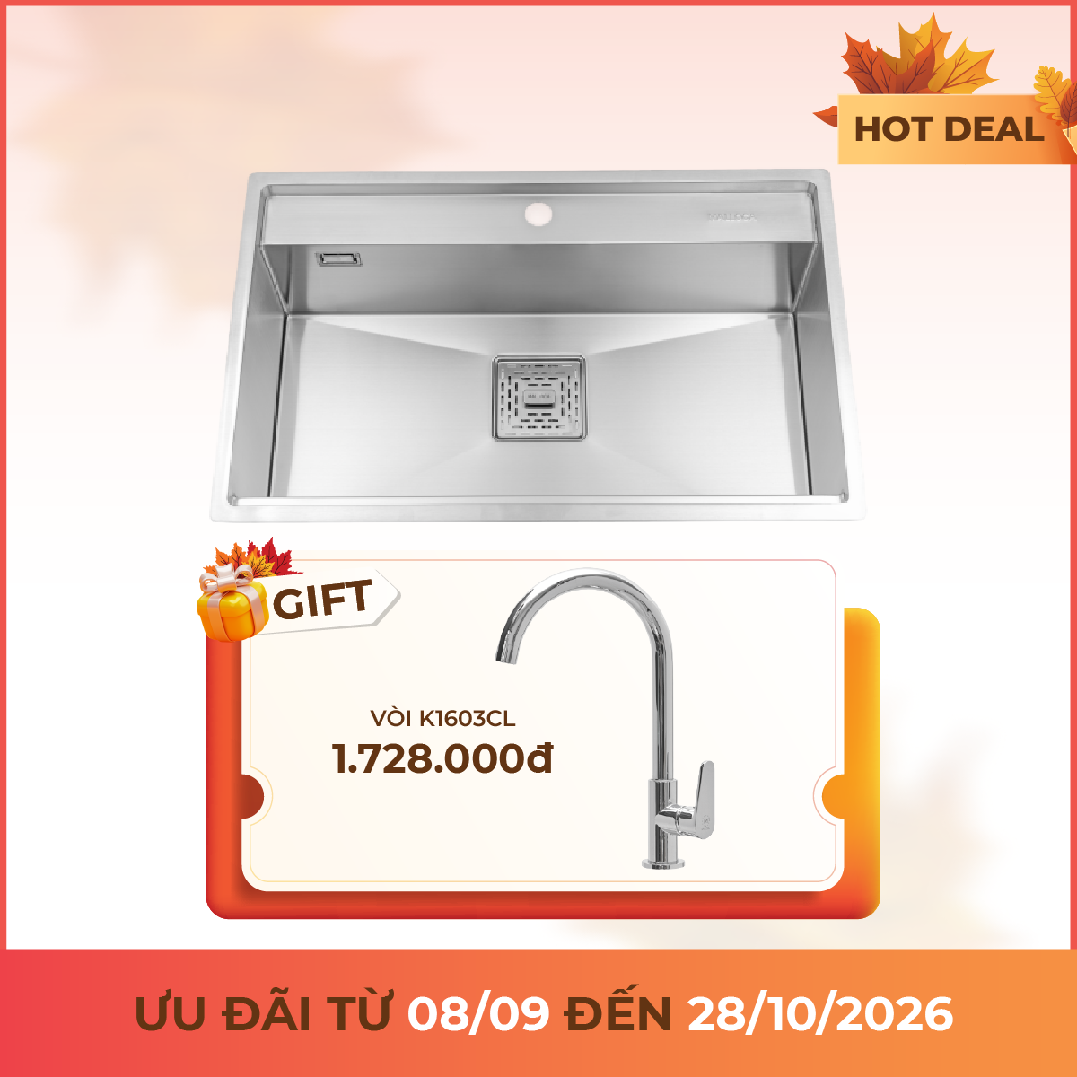 Chậu rửa chén 1 hố Inox 304 kích thước 75 cm