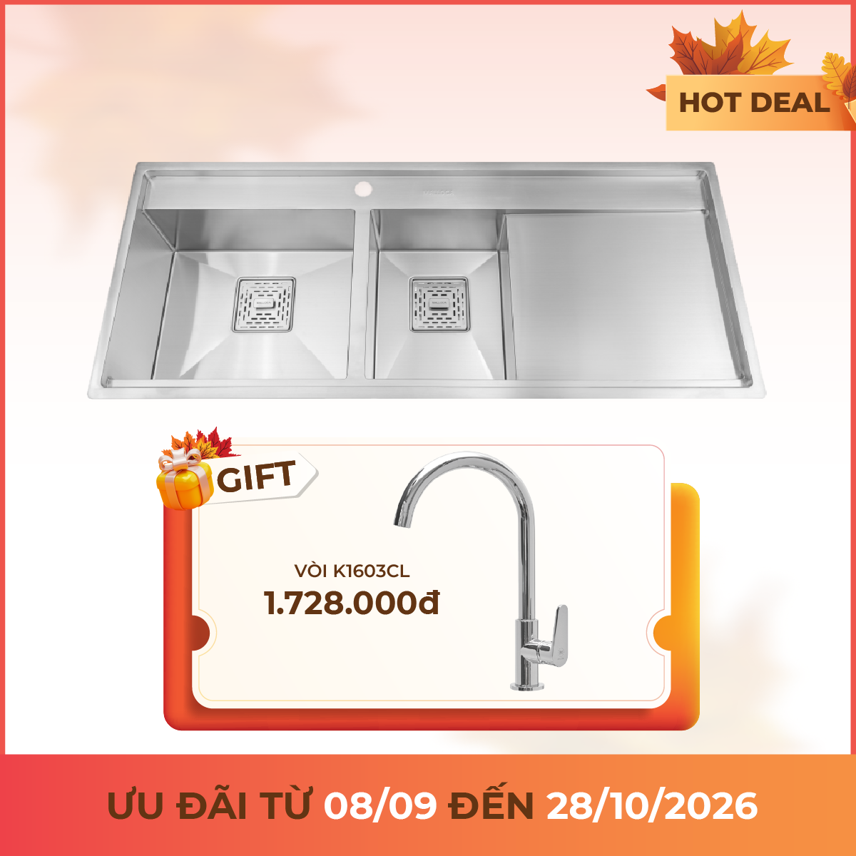 Chậu rửa chén 2 hố Inox 304 kích thước 116 cm