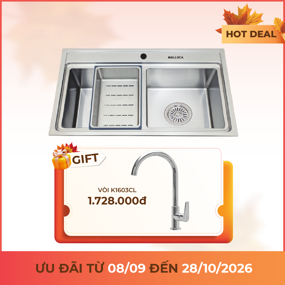 Chậu rửa chén 2 hố Inox 304 kích thước 80 cm