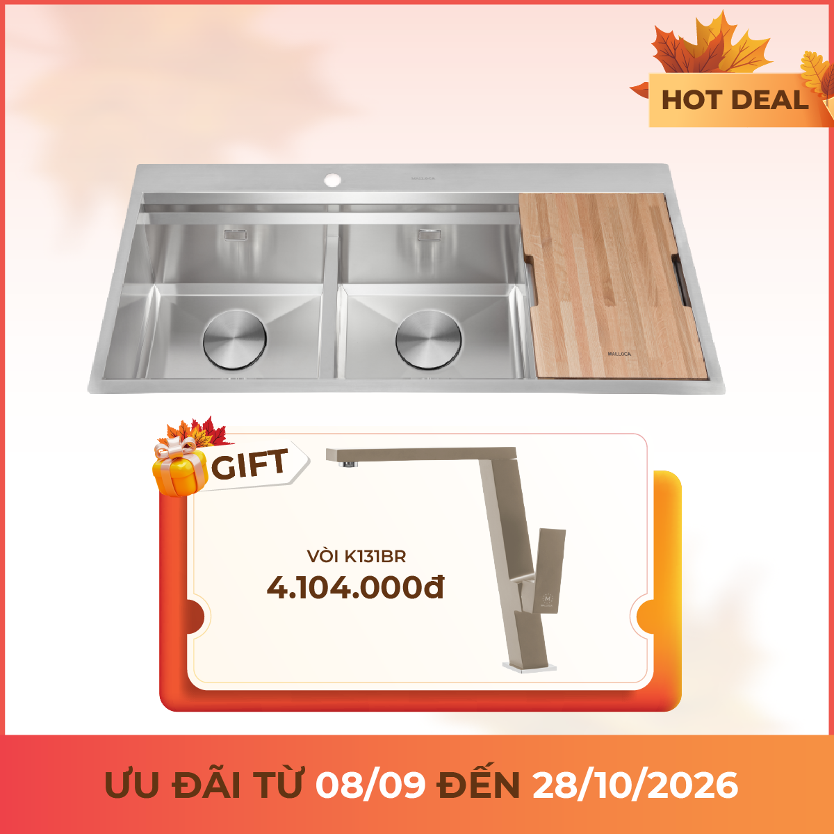 Chậu rửa chén 2 hố Inox 304 kích thước 116 cm