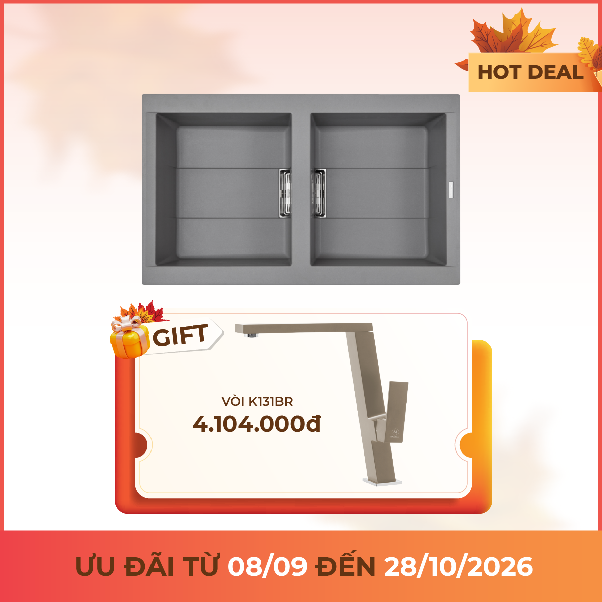 Chậu rửa chén đá Granite 2 hố kích thước 86 cm