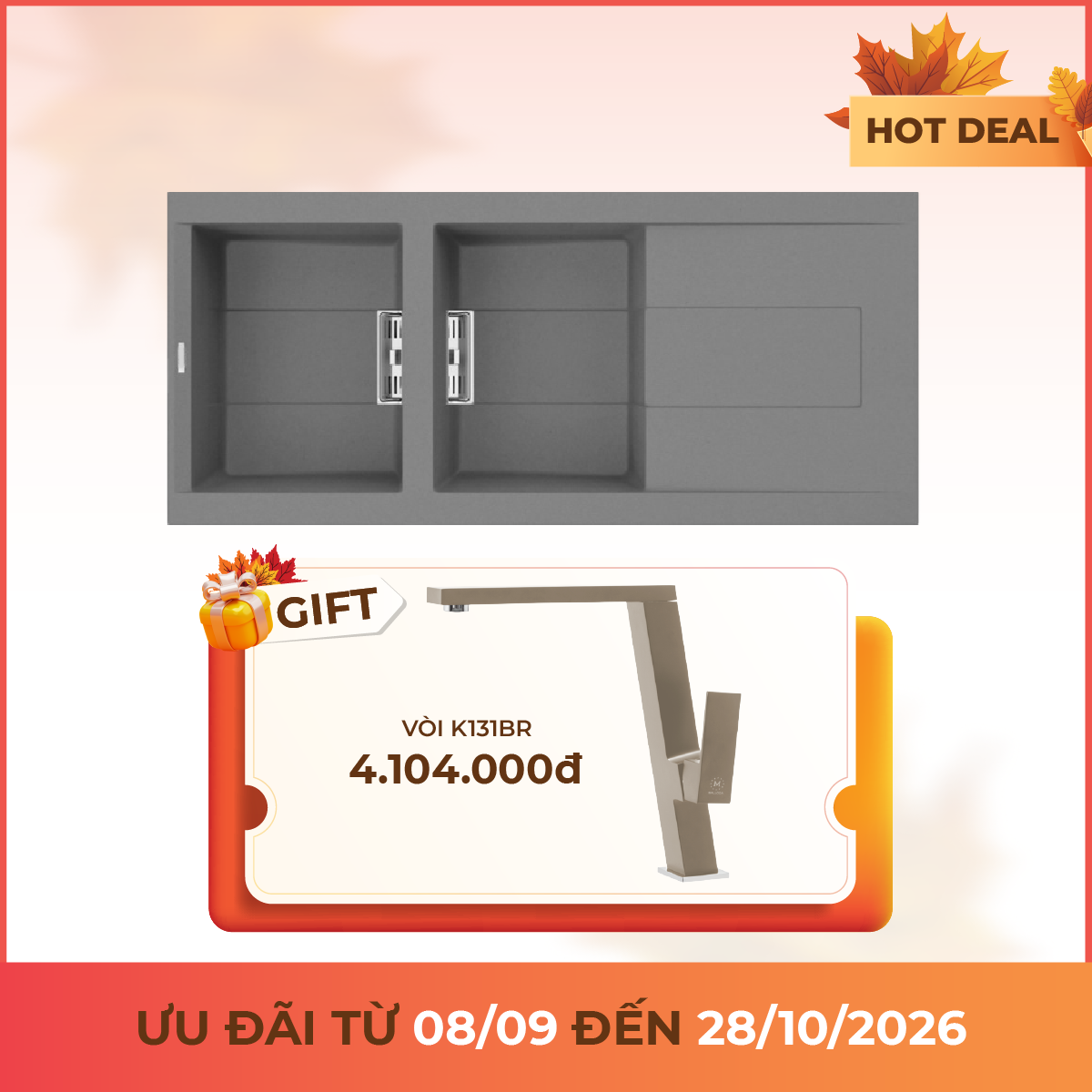 Chậu rửa chén đá Granite 2 hố kích thước 116 cm