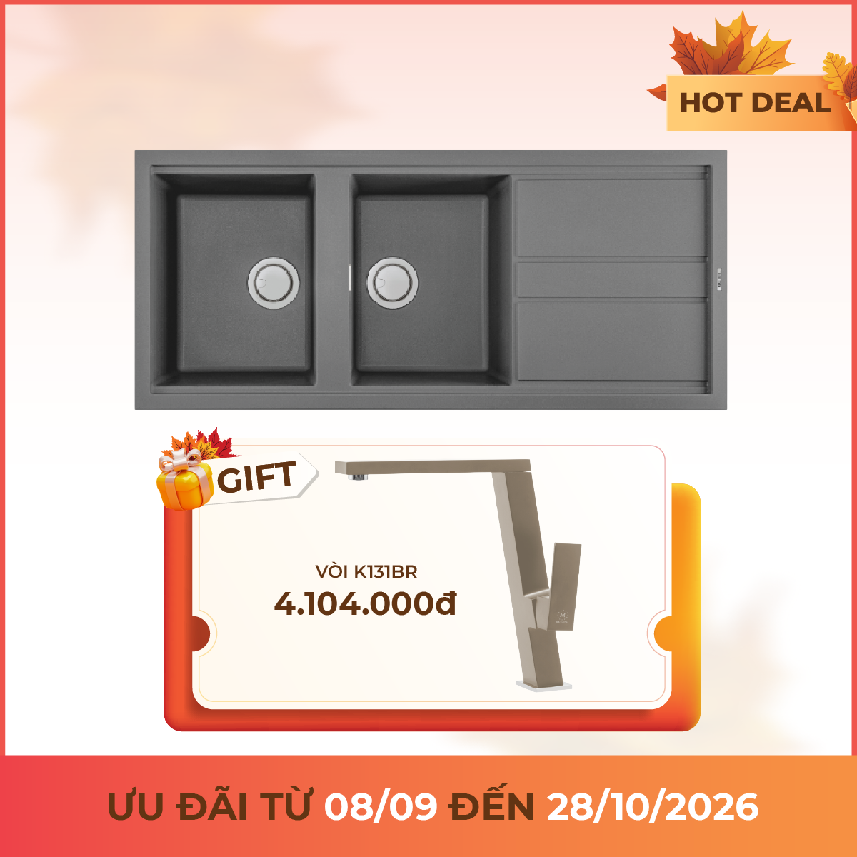 Chậu rửa chén đá Granite 2 hố kích thước 116 cm