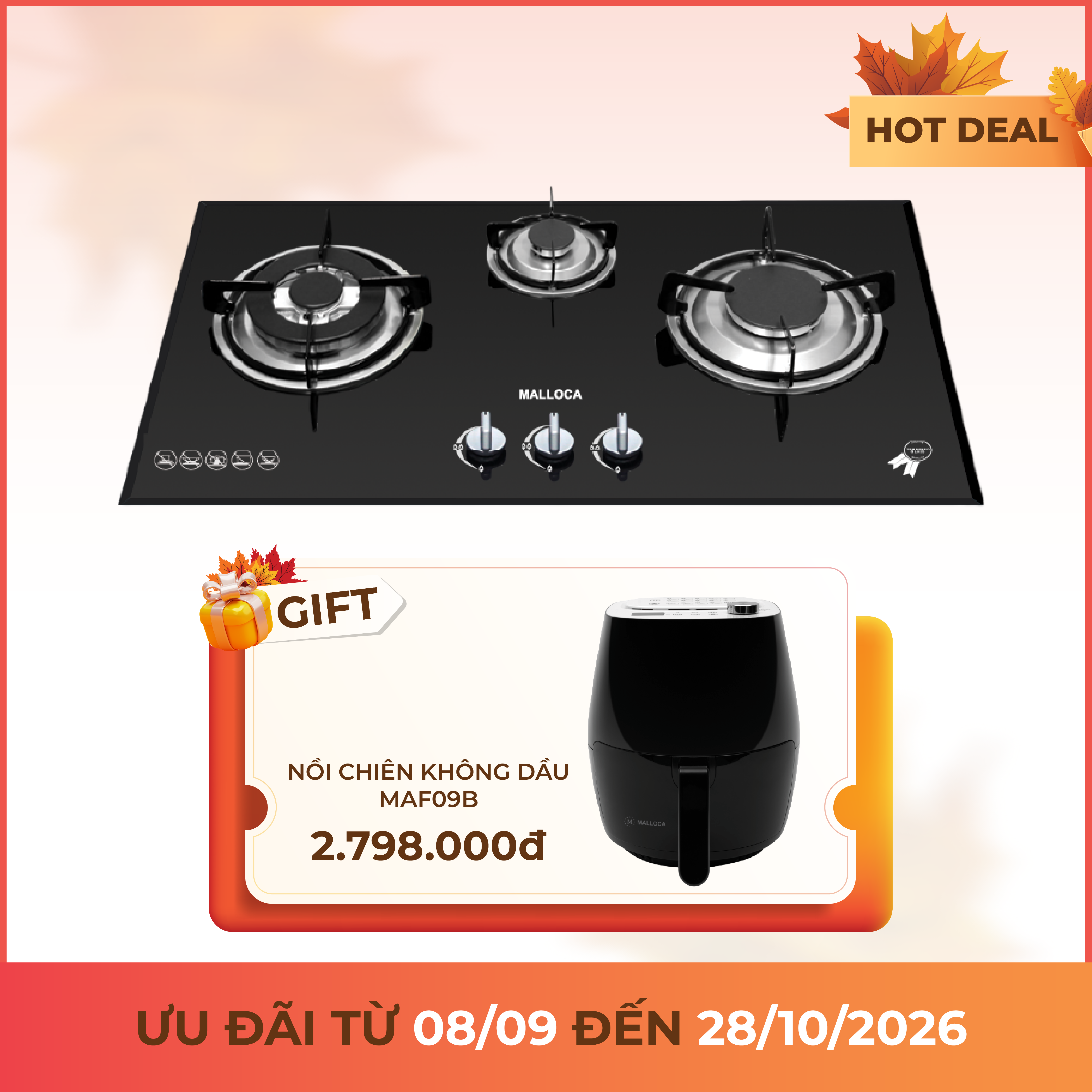 Bếp gas âm 3 vùng nấu 73 cm