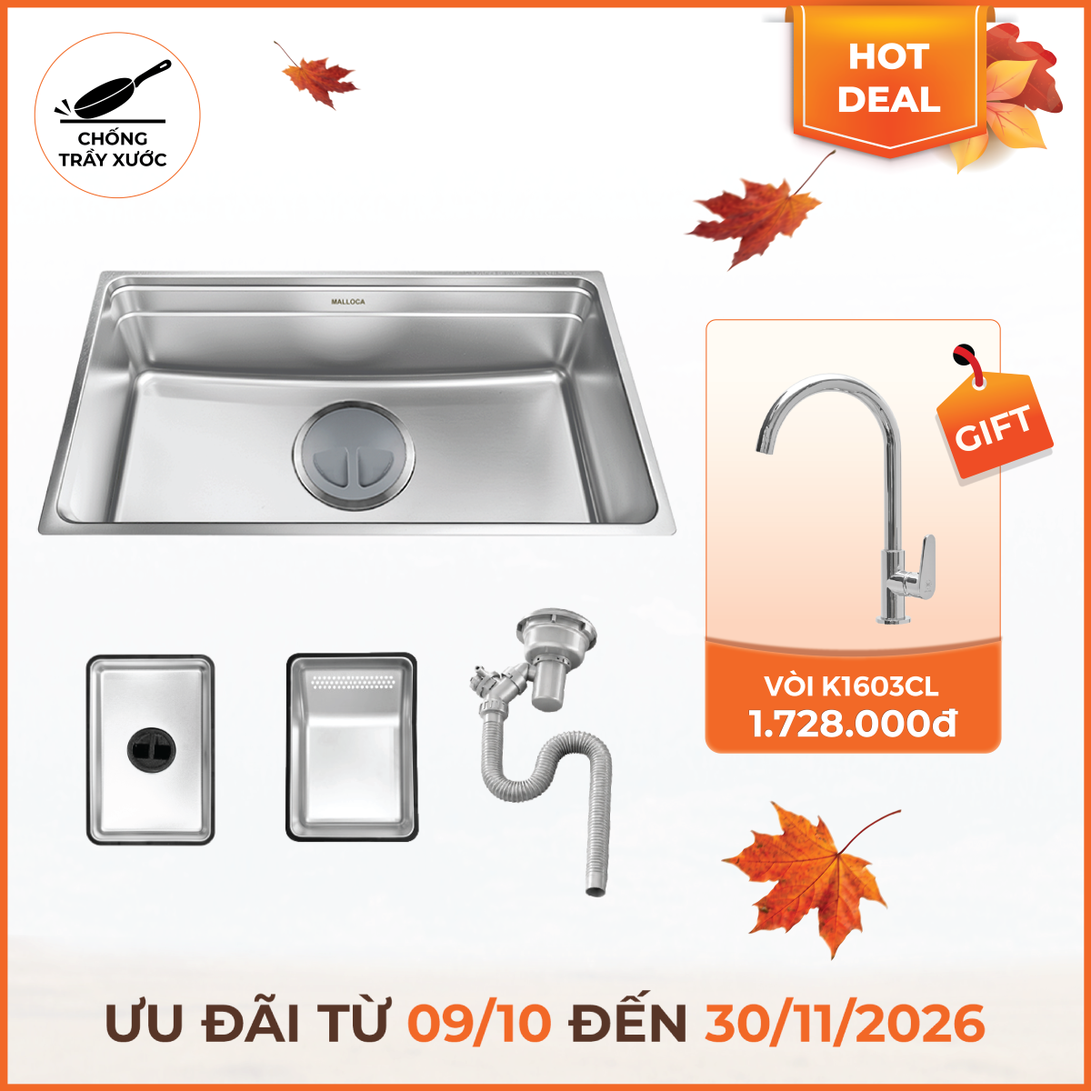 Chậu rửa chén 1 hố hạn chế trầy xước kích thước 76 cm - lắp âm hoặc lắp nổi