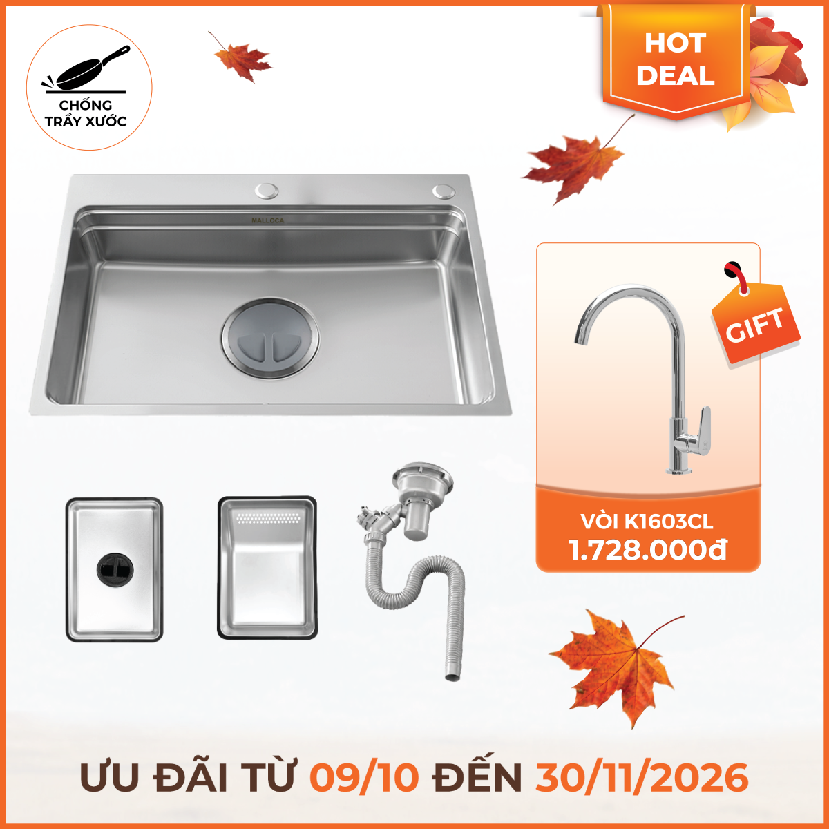 Chậu rửa chén 1 hố hạn chế trầy xước kích thước 77 cm
