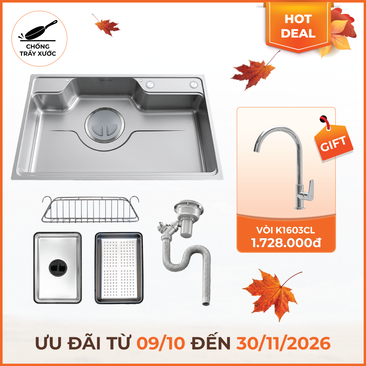 Chậu rửa chén 1 hố hạn chế trầy xước kích thước 80 cm - lắp âm hoặc lắp nổi
