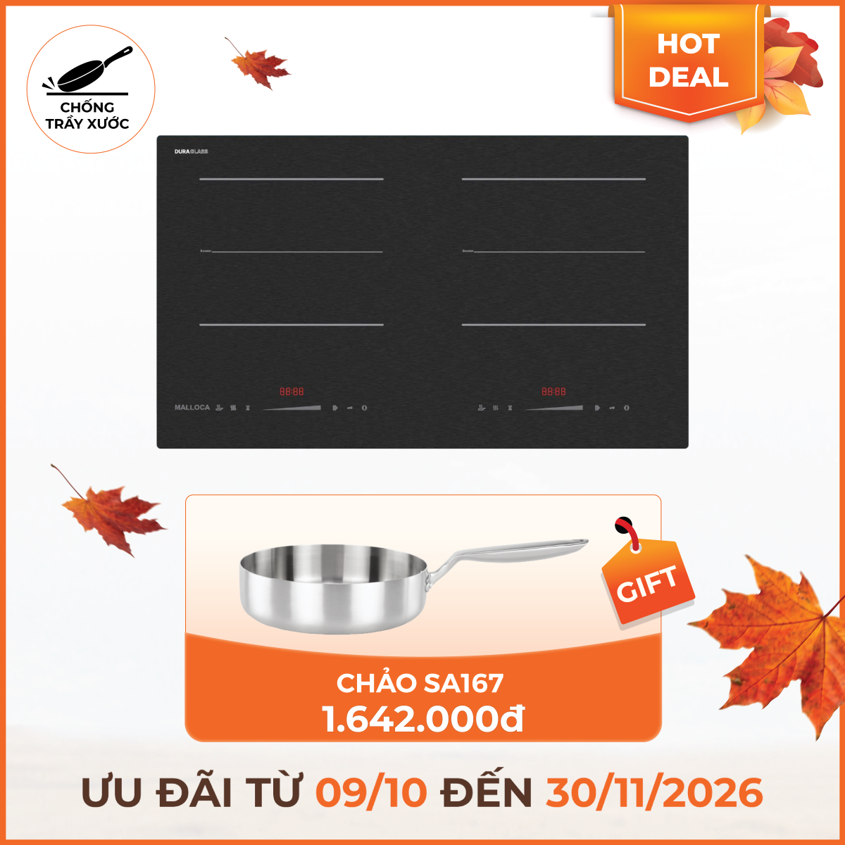 Bếp từ 2 vùng nấu 73 cm (Mặt kính DuraGlass chống trầy xước)