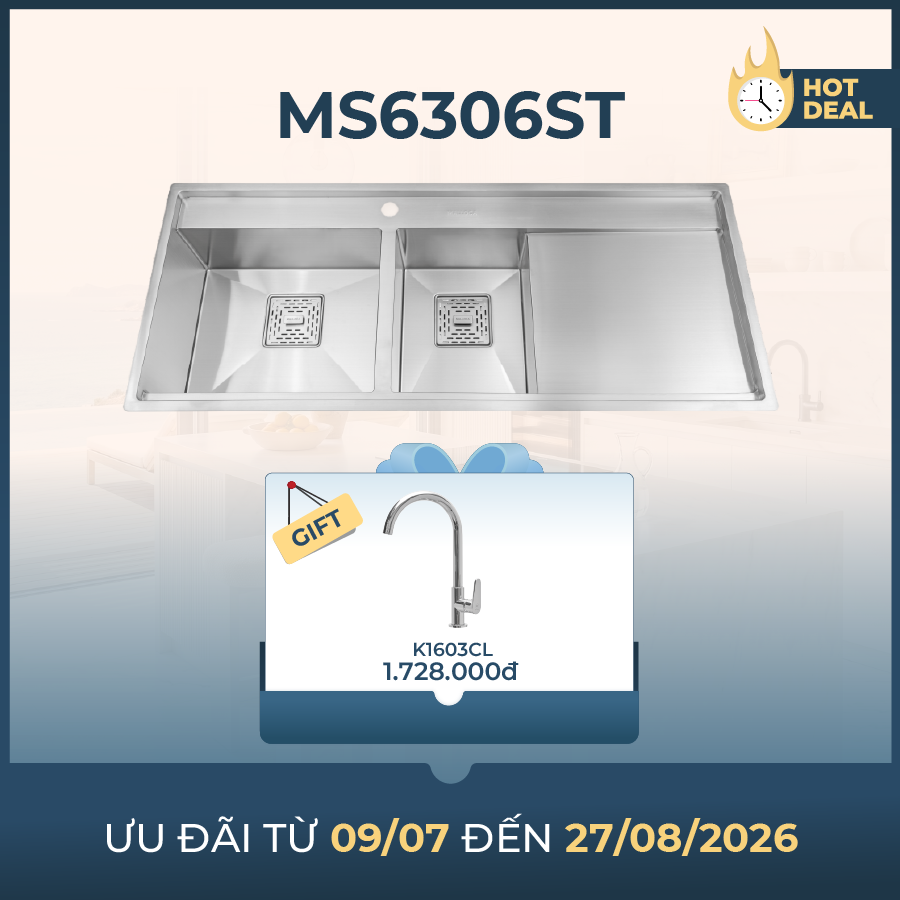 Chậu rửa chén 2 hố inox 304 kích thước 116cm