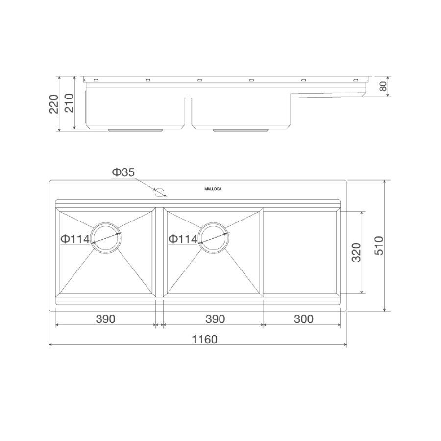 Chậu rửa chén 2 hố kích inox 304 kích thước 116cm