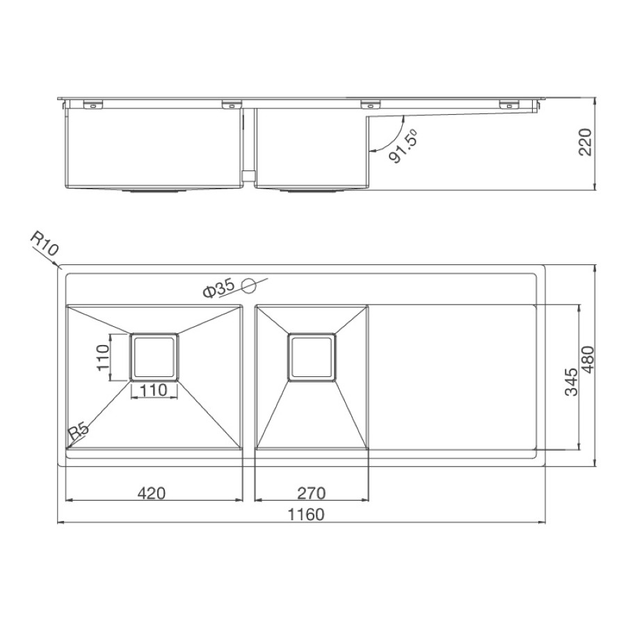 Chậu rửa chén 2 hố inox 304 kích thước 116cm