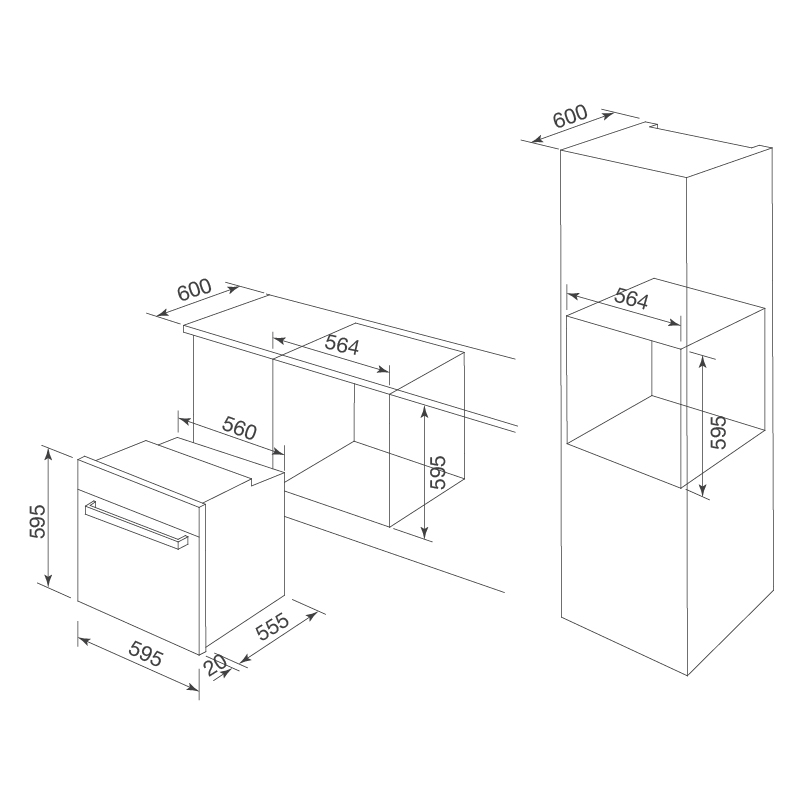 Lò Nướng Âm Tủ 60cm Dung Tích 75L Ecokitchen Malloca MOV656ECO - kích thước lắp đặt