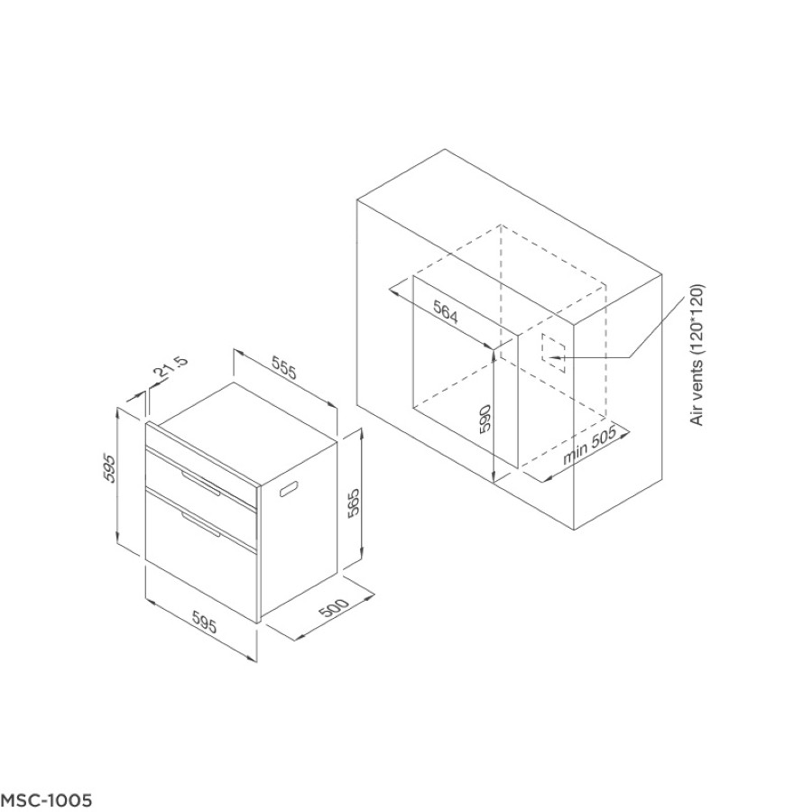 Máy Sấy Chén Âm Tủ 60cm Kháng Khuẩn Bằng Tia UV Malloca MSC1005 - kích thước lắp đặt