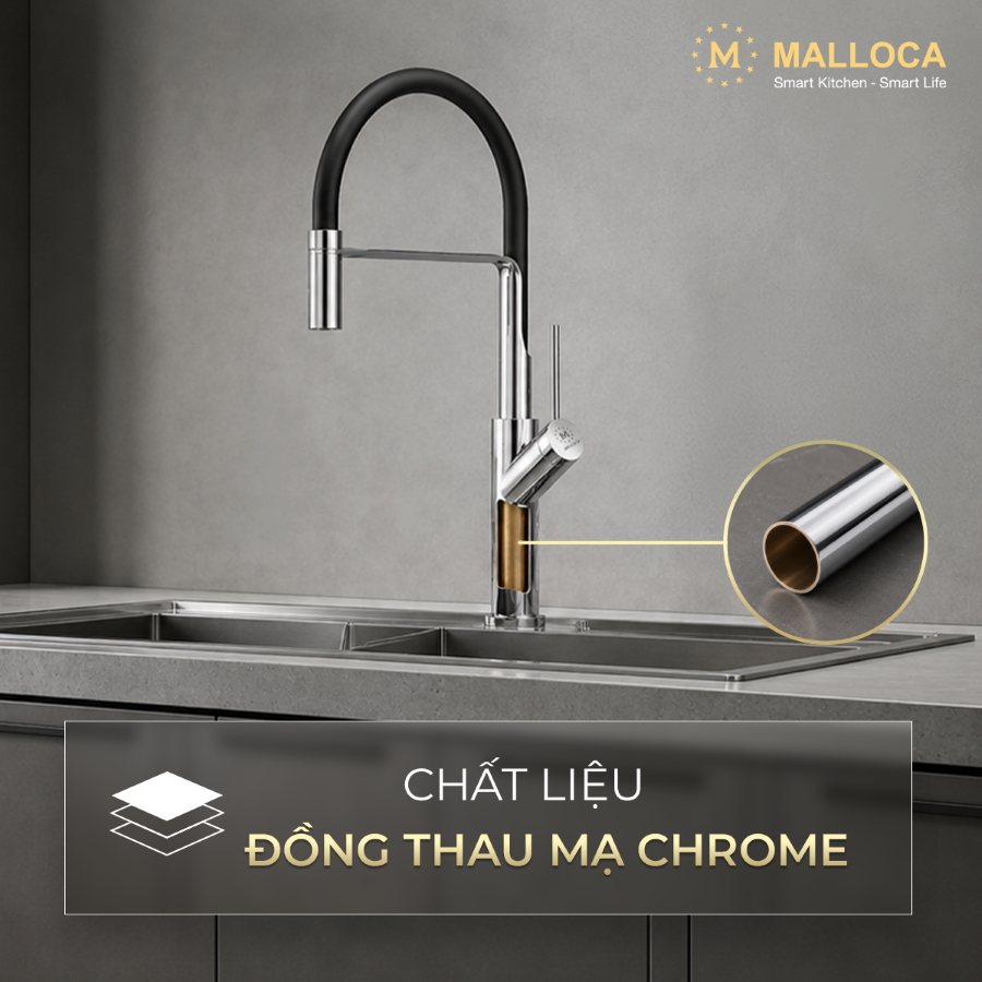 Vòi rửa chén nóng lạnh dây silicon đồng thau chrome