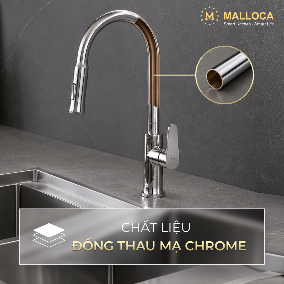 Vòi rửa chén nóng lạnh dây rút đồng thau chrome