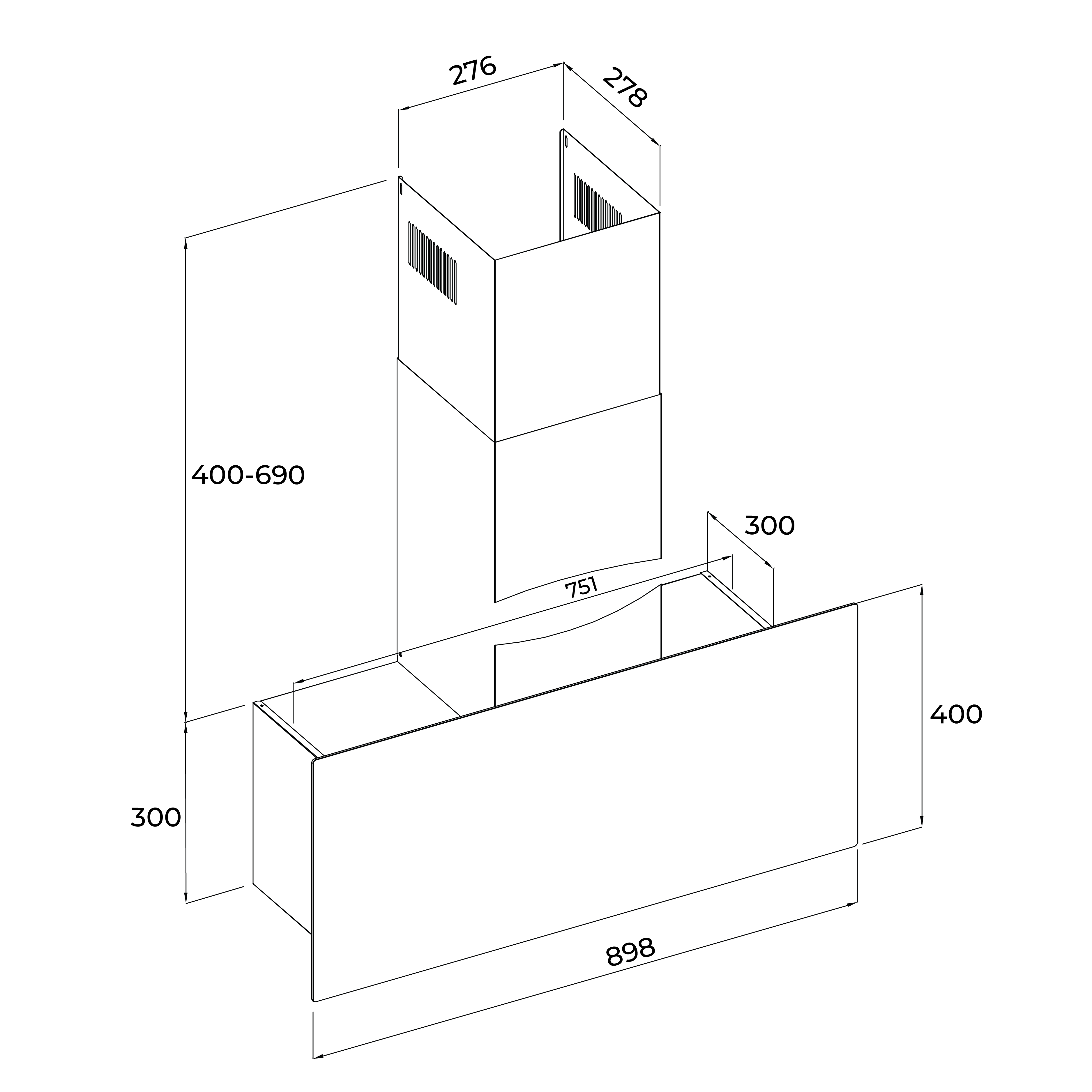 Máy hút mùi áp tường dạng chữ T 90cm