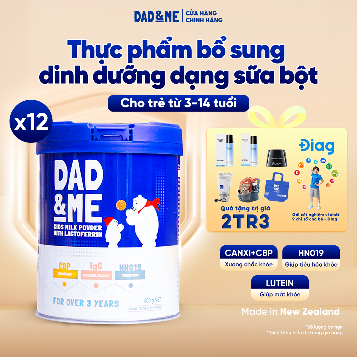 Combo 12 Hộp Sữa bột Dad and Me cho trẻ trên 3 tuổi (800g) - nhập khẩu New Zealand, phát triển toàn diện cho bé