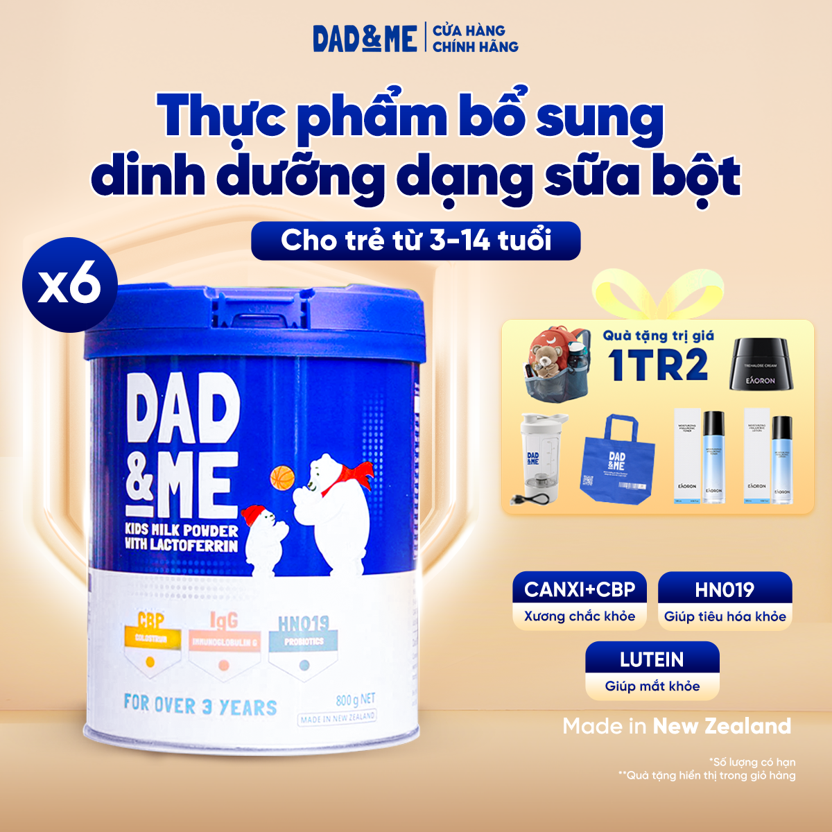 Combo 6 Hộp Sữa bột Dad and Me cho trẻ trên 3 tuổi (800g) - nhập khẩu New Zealand, phát triển toàn diện cho bé