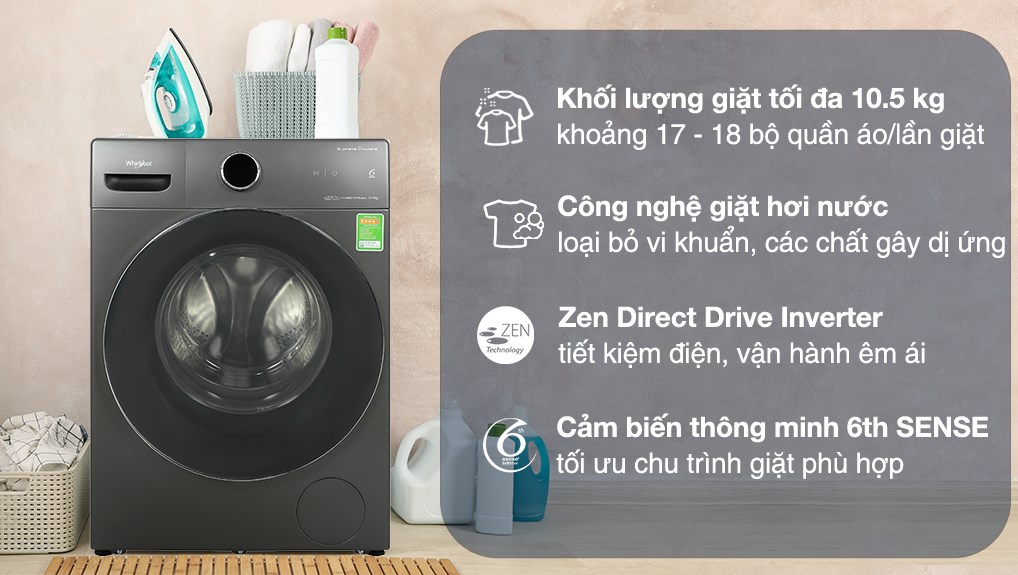 Máy giặt Whirlpool OxyCare Inverter 10.5 kg xám