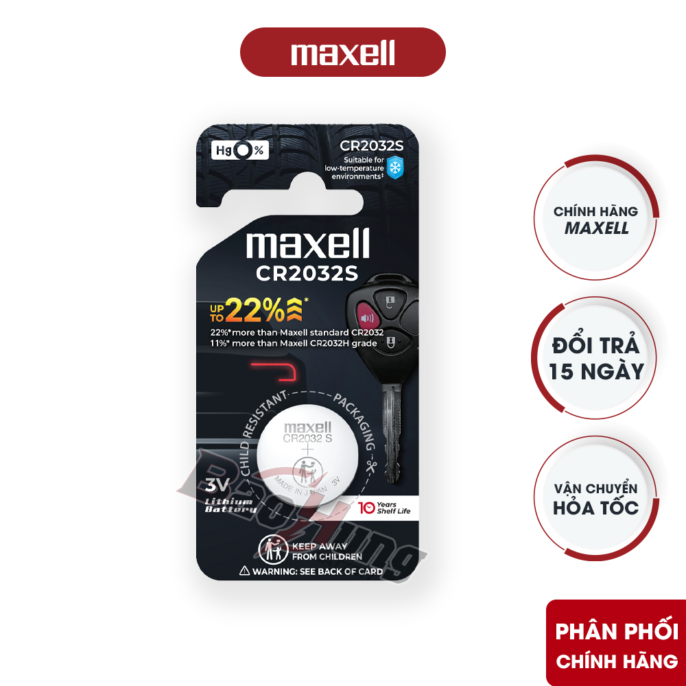 Vỉ pin Maxell CR2032S Lithium 3V có hình chìa khóa remote ô tô in trên bao bì