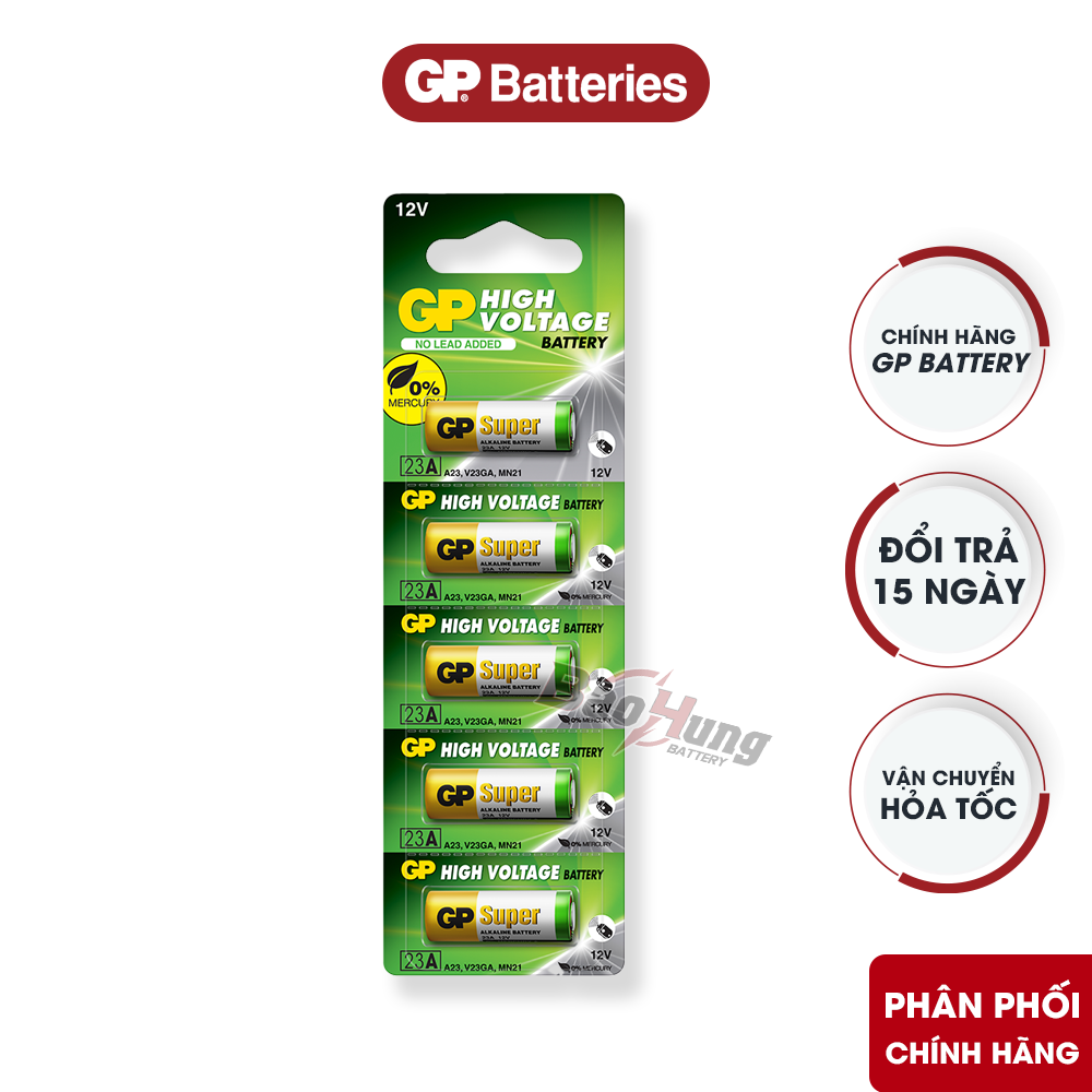 Pin GP Alkaline A23 12V vỉ 5 viên dùng cho nút chuông gọi phục vụ nhà hàng