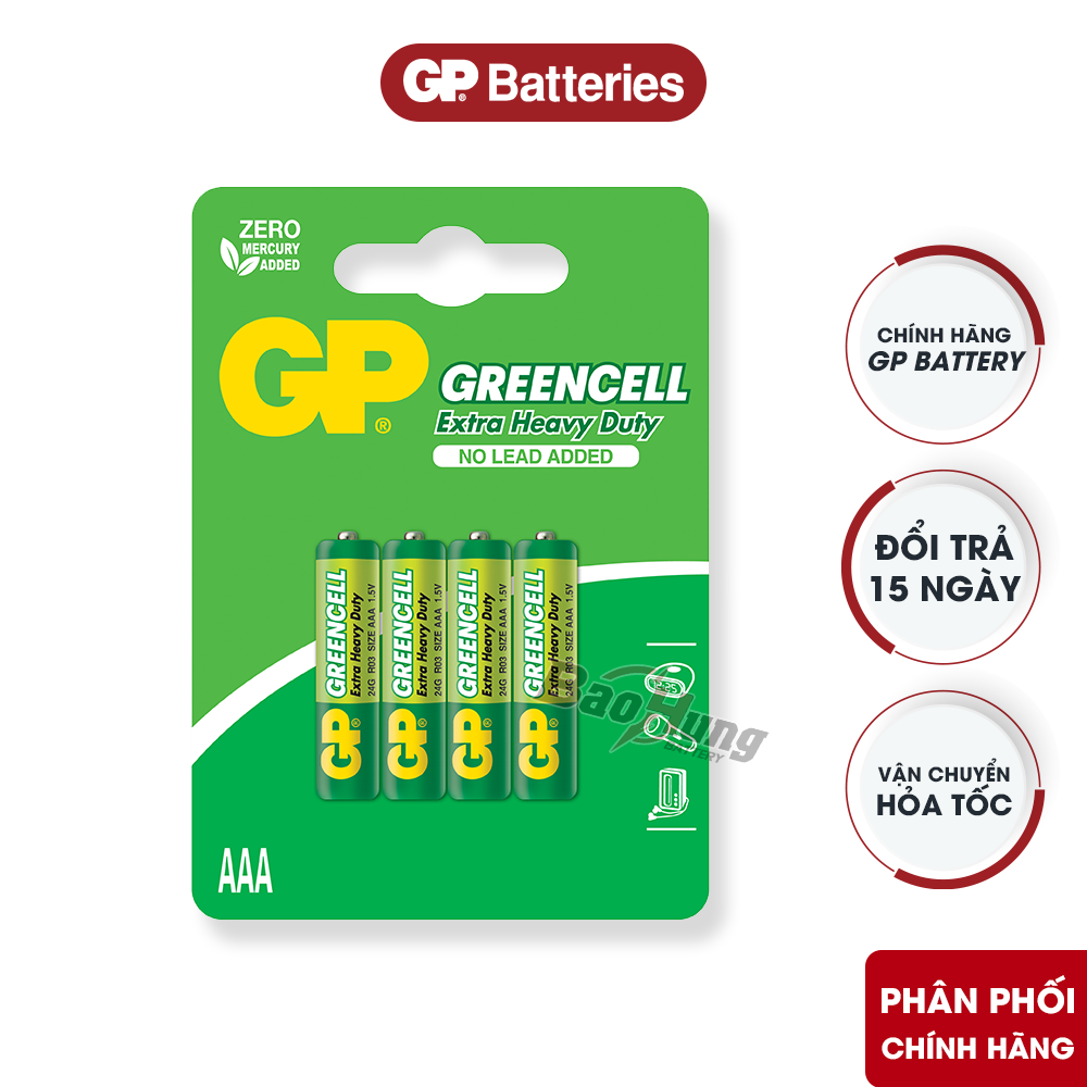 Vỉ 4 viên pin GP Greencell AAA 1.5V pin đũa kẽm-carbon dùng cho remote máy lạnh và đồng hồ