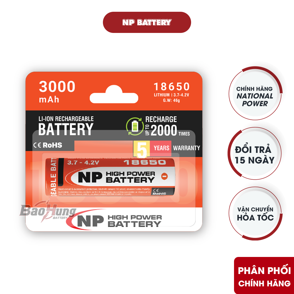 Pin sạc National Power 18650 Cam 3000mAh Li-ion 3,7V đầu bằng và đầu lồi