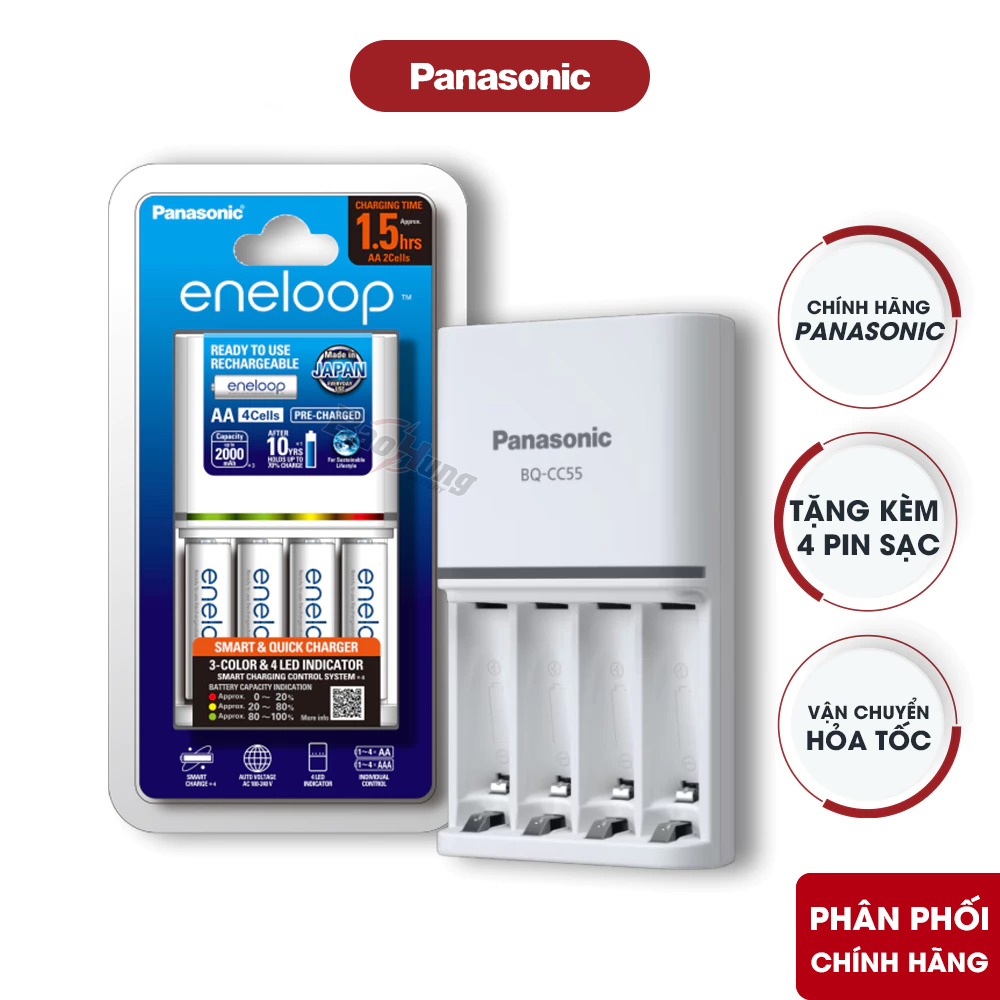 Bộ sạc pin AA AAA Panasonic Eneloop BQ-CC55E sạc nhanh chính hãng trong danh mục phụ kiện