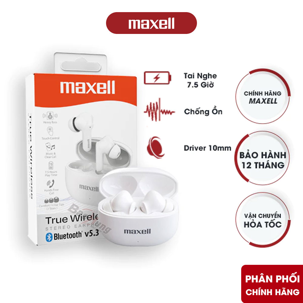 Tai nghe không dây Maxell True Wireless BTW20WH chính hãng màu trắng kèm hộp sạc