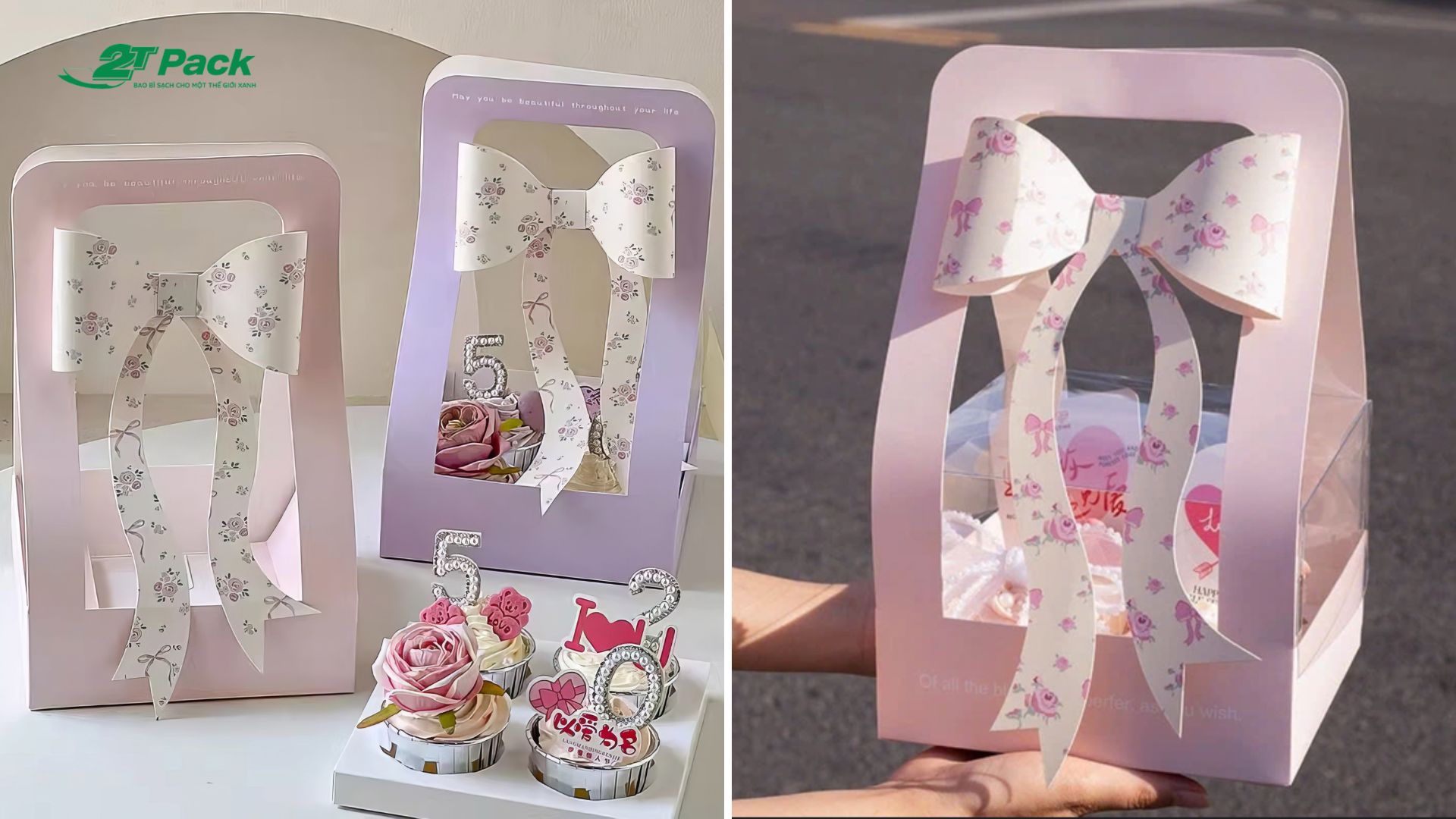 Hộp đựng bánh cupcake 4 chiếc quai xách nơ xinh xắn