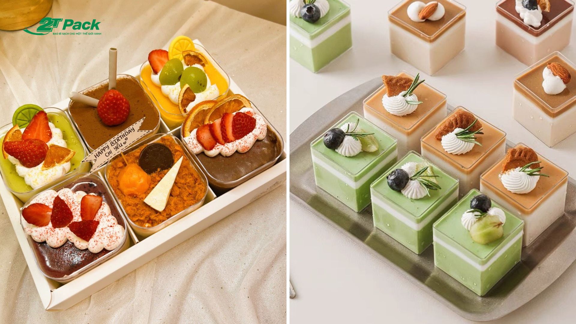 Bánh mousse đựng trong hộp vuông sang trọng và chỉn chu