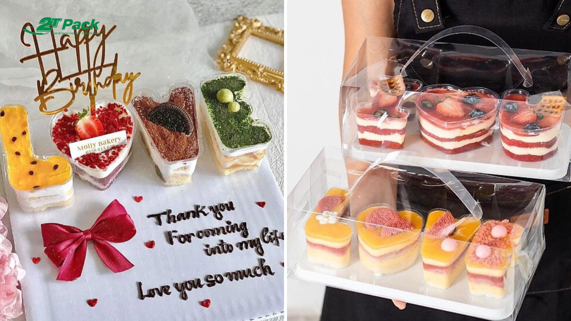 Hộp quà hình chữ LOVE chứa bánh tiramisu mini, đi kèm hoa lụa và nơ trang trí, thích hợp làm quà tặng dịp Valentine hoặc kỷ niệm