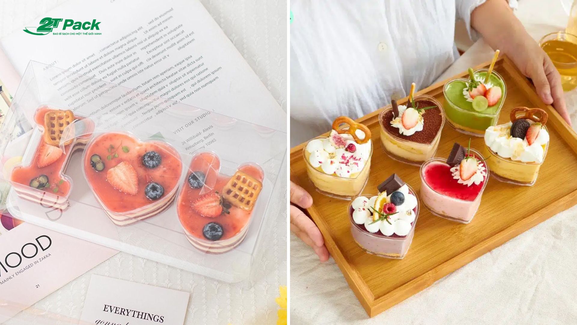 Những chiếc bánh mousse xinh xắn được đựng trong hộp nhựa trong suốt hình trái tim