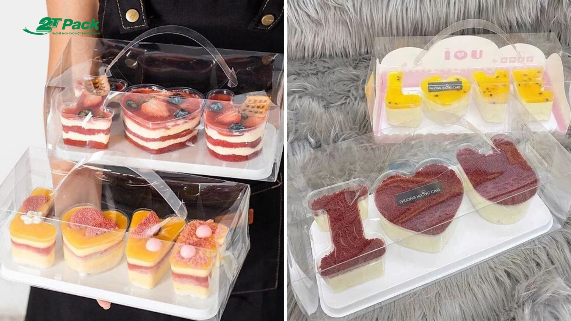 Hộp quà hình chữ LOVE chứa bánh tiramisu mini, đi kèm hoa lụa và nơ trang trí, thích hợp làm quà tặng dịp Valentine hoặc kỷ niệm