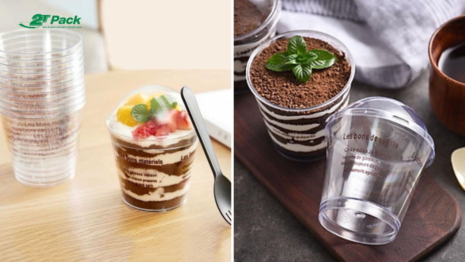 Bánh tiramisu, bông lan được đựng trong hộp nhựa dạng ly tiện lợi