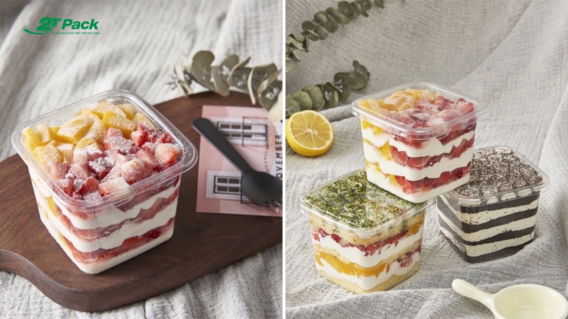Hộp vuông PET trong, phù hợp đựng mousse, tiramisu