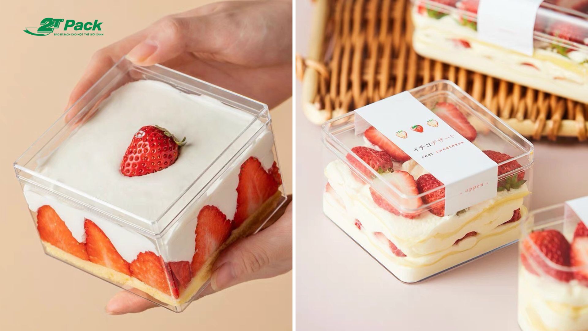 Hộp bánh vuông nắp nhựa trong suốt đựng bánh mousse dâu tây