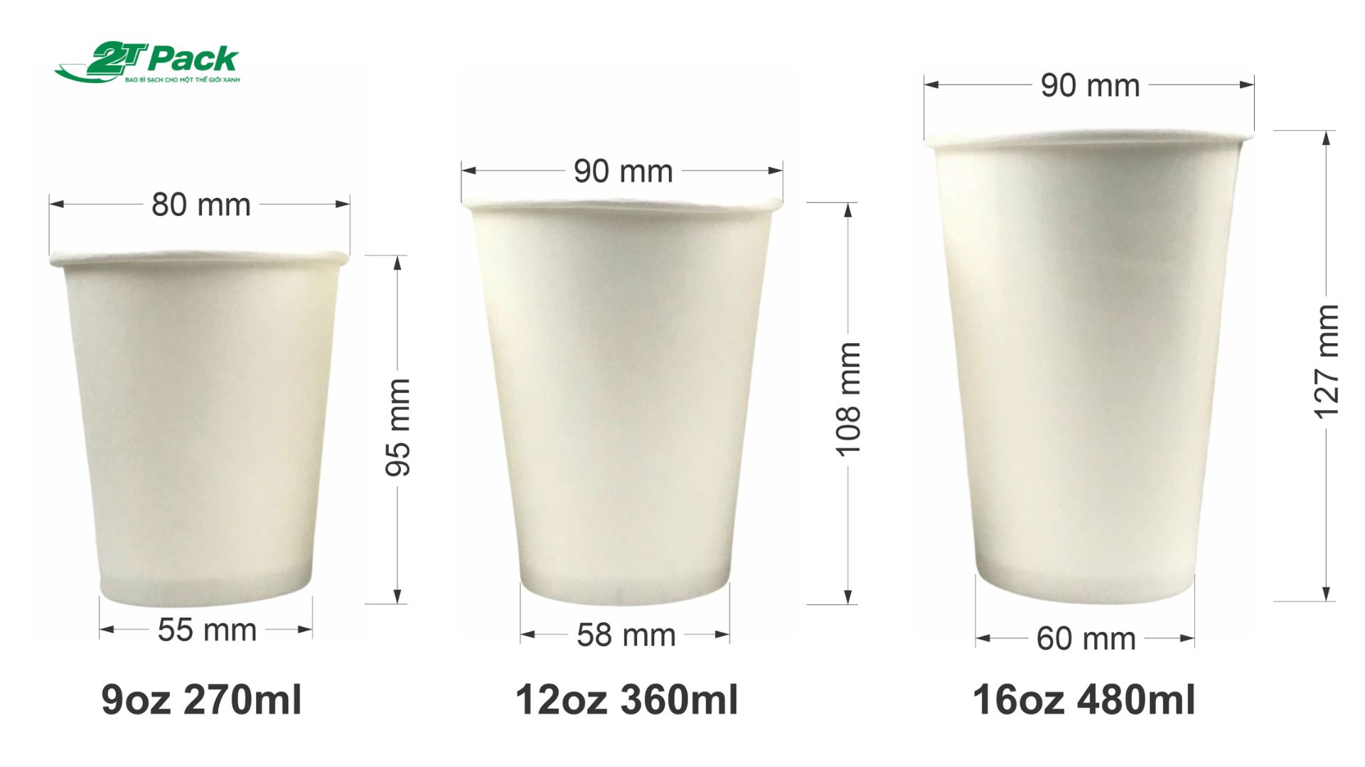 Kích thước ly giấy 9oz, 12oz, 16oz
