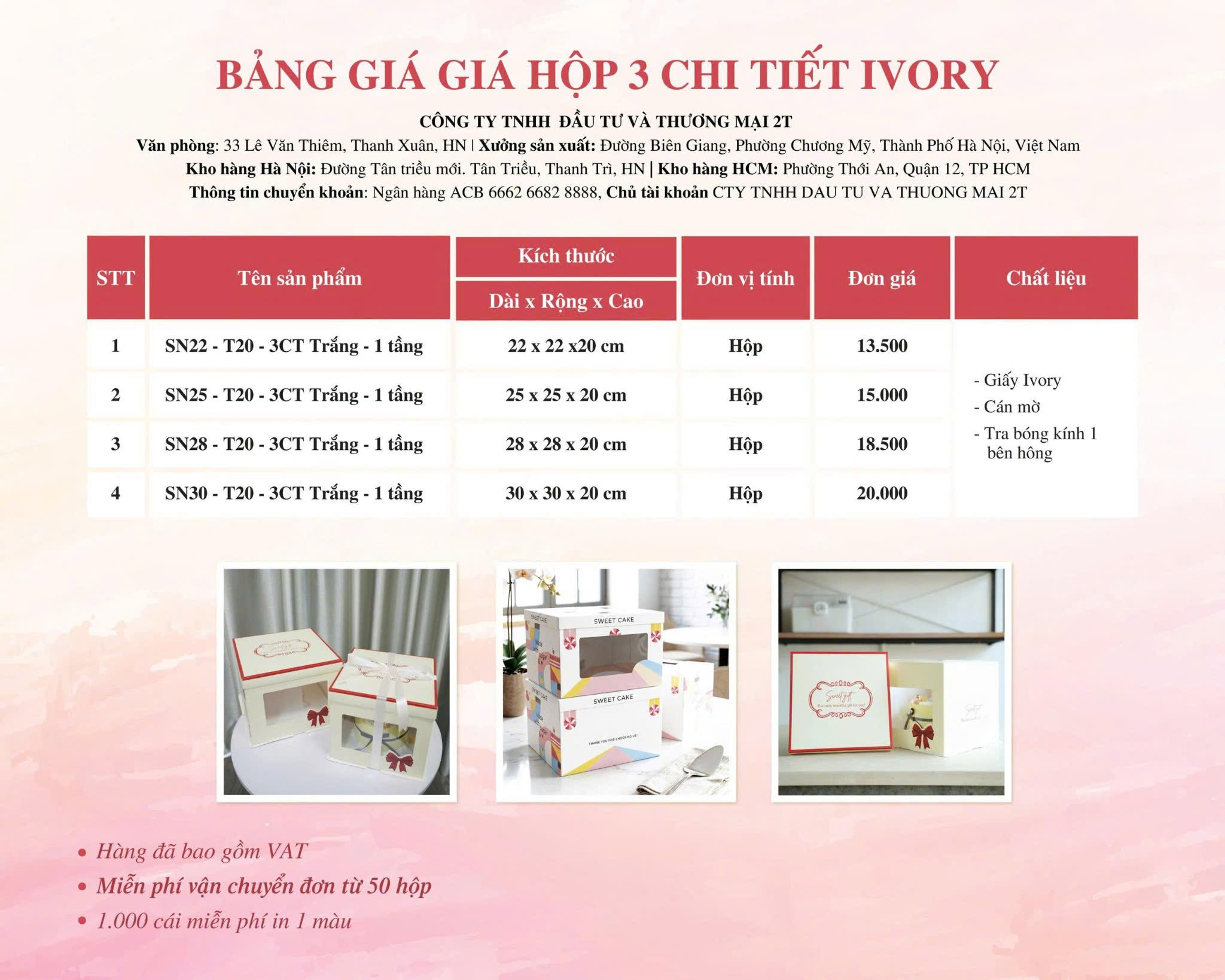 Hộp bánh sinh nhật 3 chi tiết in sẵn họa tiết Kẹo Ngọt