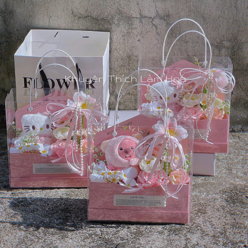 Hộp Mica Có Quai Xách Nhựa Trắng Cắm Hoa, Đựng Quà Tặng